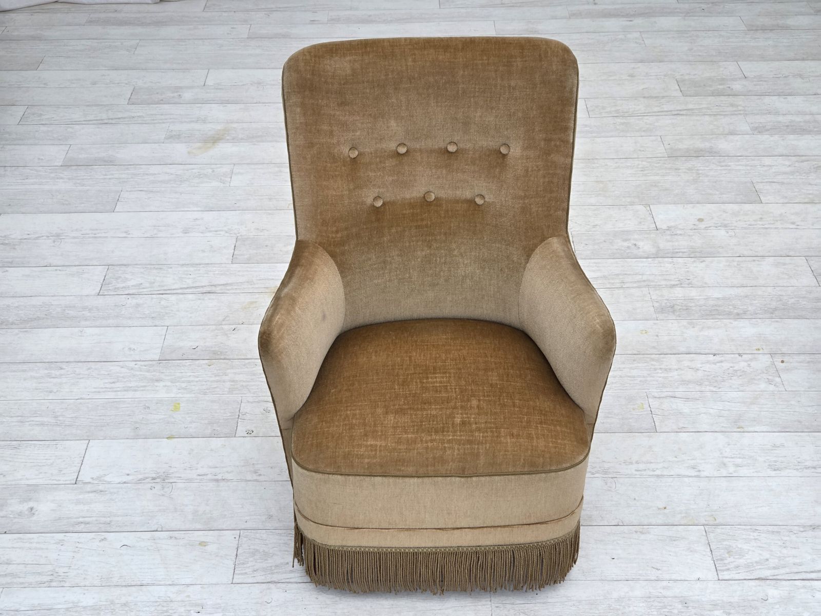1970s, Danish Highback Armchair, Light Green Furniture Velour. photo 900.0