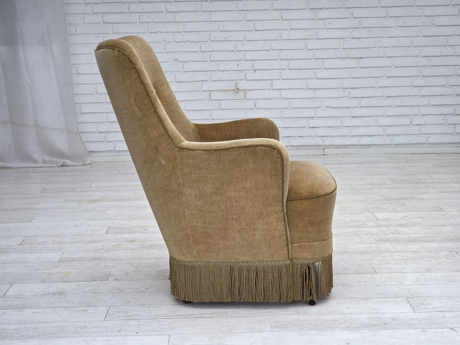 photo furniture 1970s, Danish Highback Armchair, Light Green Furniture Velour.