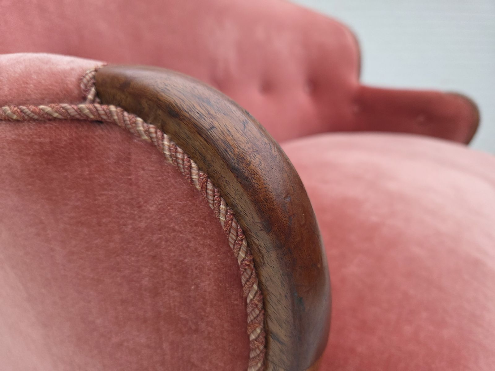 1930s, Danish 2 Seater Sofa, Salmon Pink Furniture Velour, Ash Wood. photo for sale