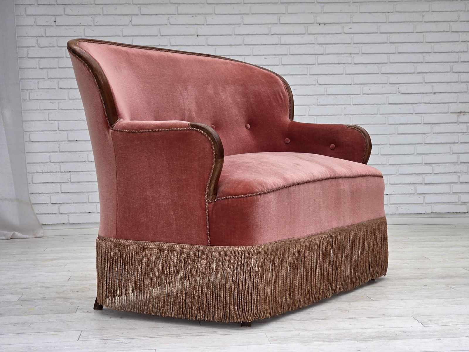 1930s, Danish 2 Seater Sofa, Salmon Pink Furniture Velour, Ash Wood. photo Furniture