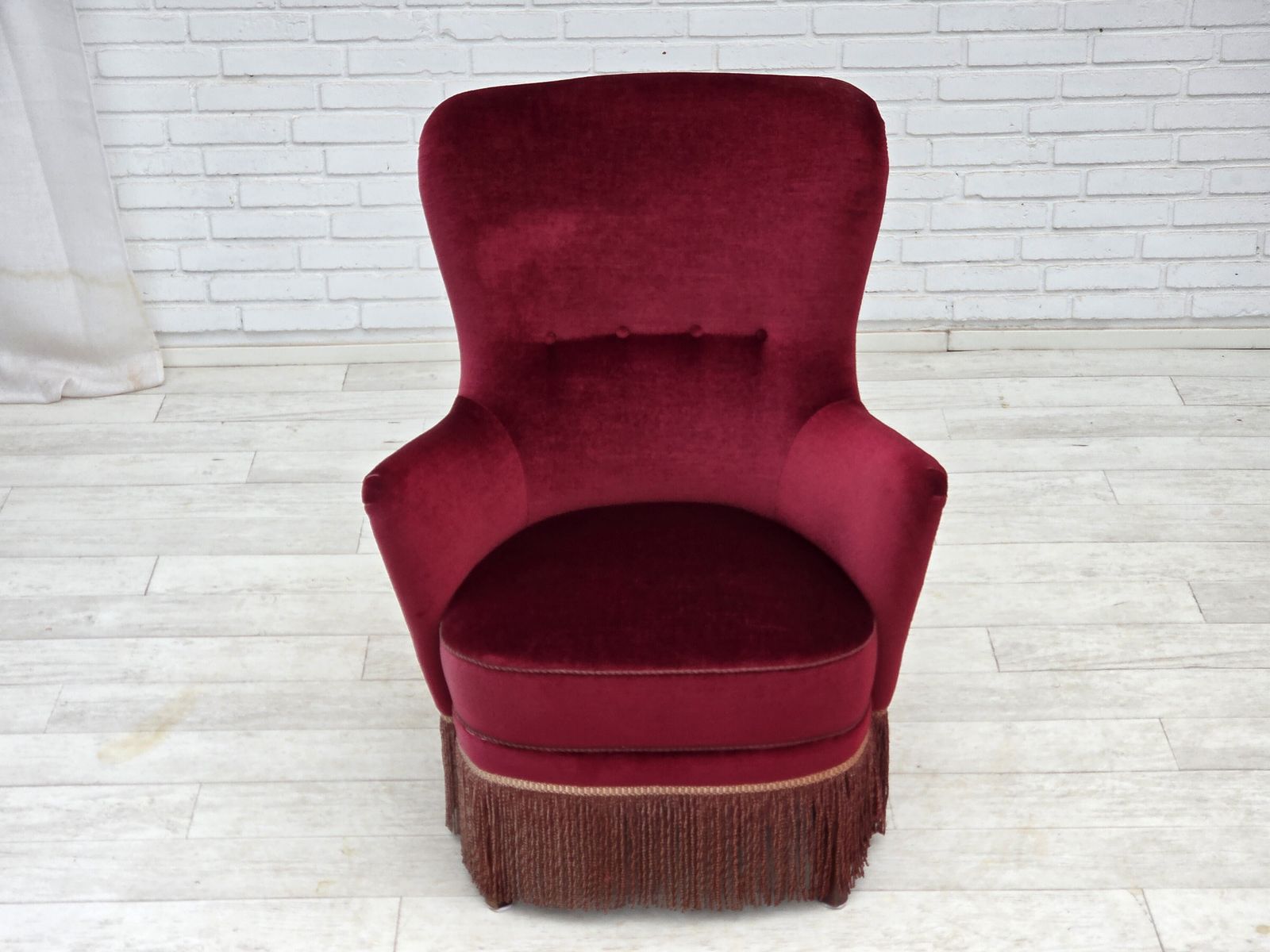 1970s, Danish Highback Armchair, Red Furniture Velour, Beech Wood. photo for sale