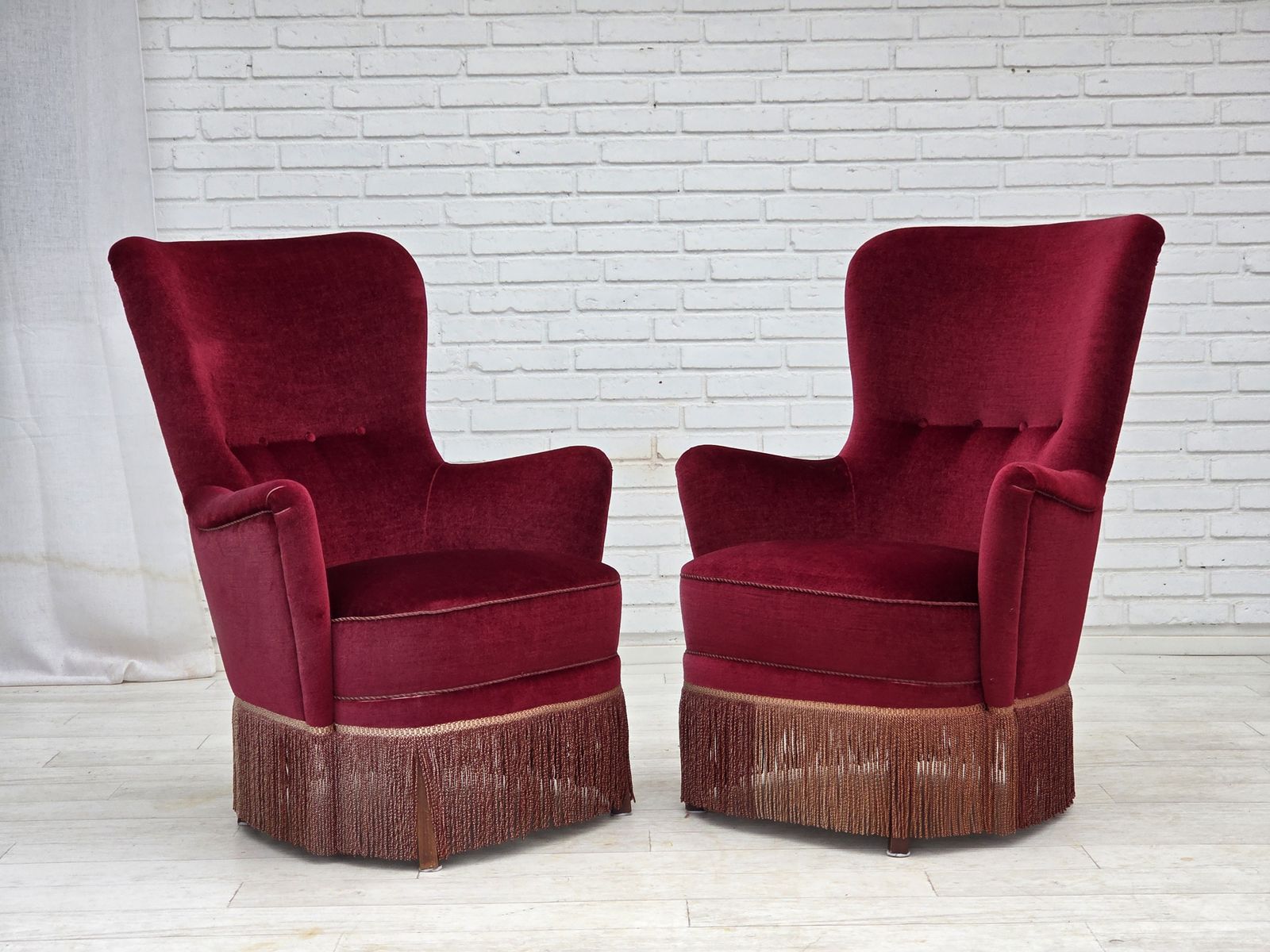 1970s, Danish Highback Armchair, Red Furniture Velour, Beech Wood. photo Furniture