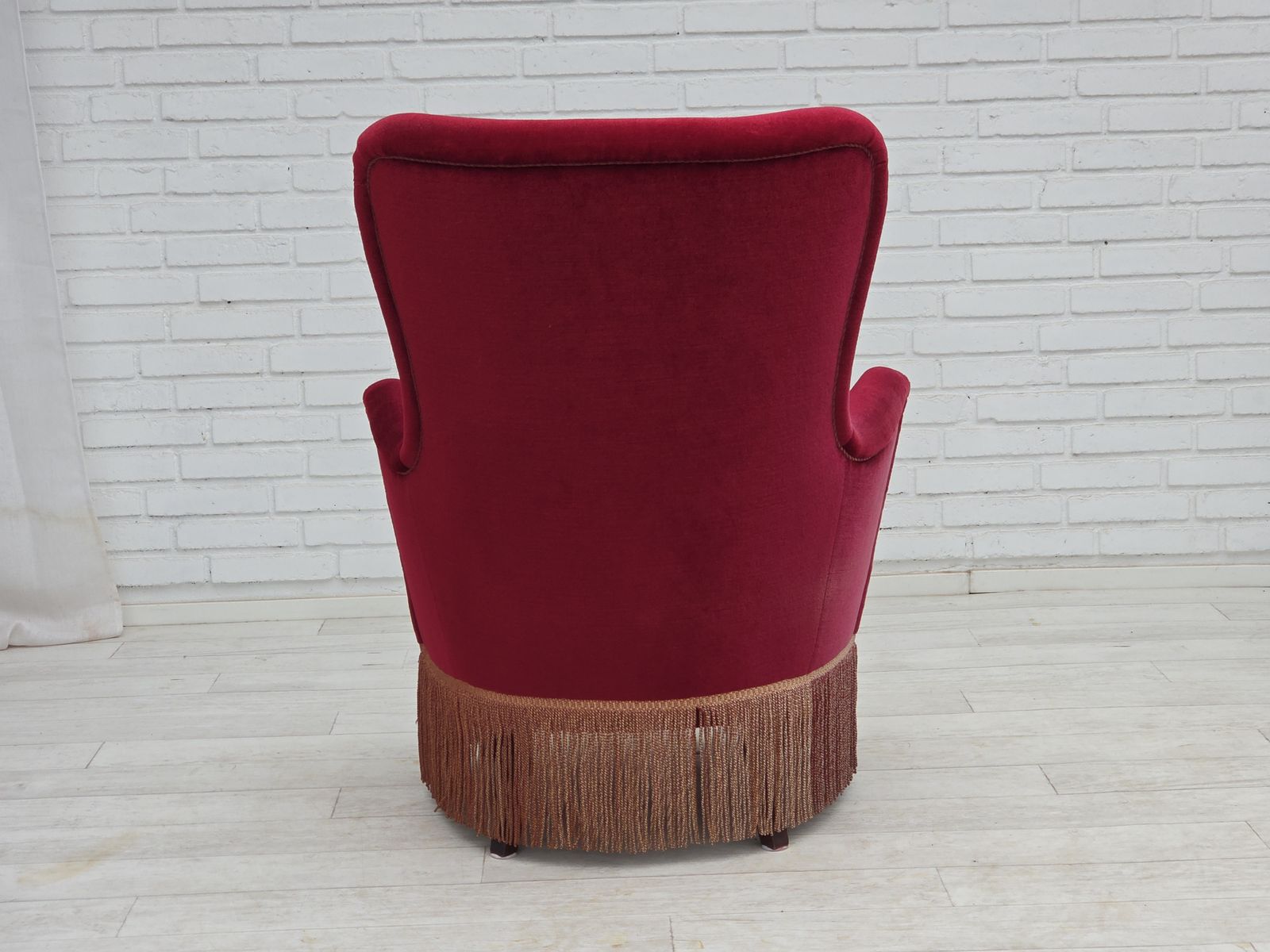 photo furniture 1970s, Danish Highback Armchair, Red Furniture Velour, Beech Wood.