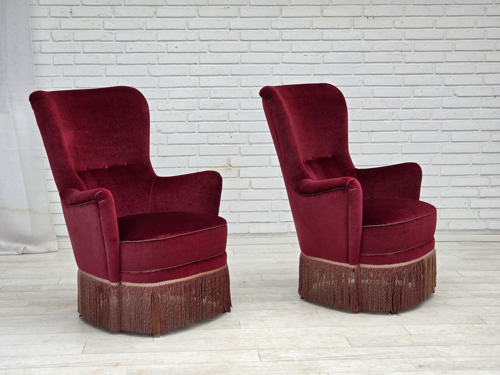 Furniture 1970s, Danish Highback Armchair, Red Furniture Velour, Beech Wood. photo