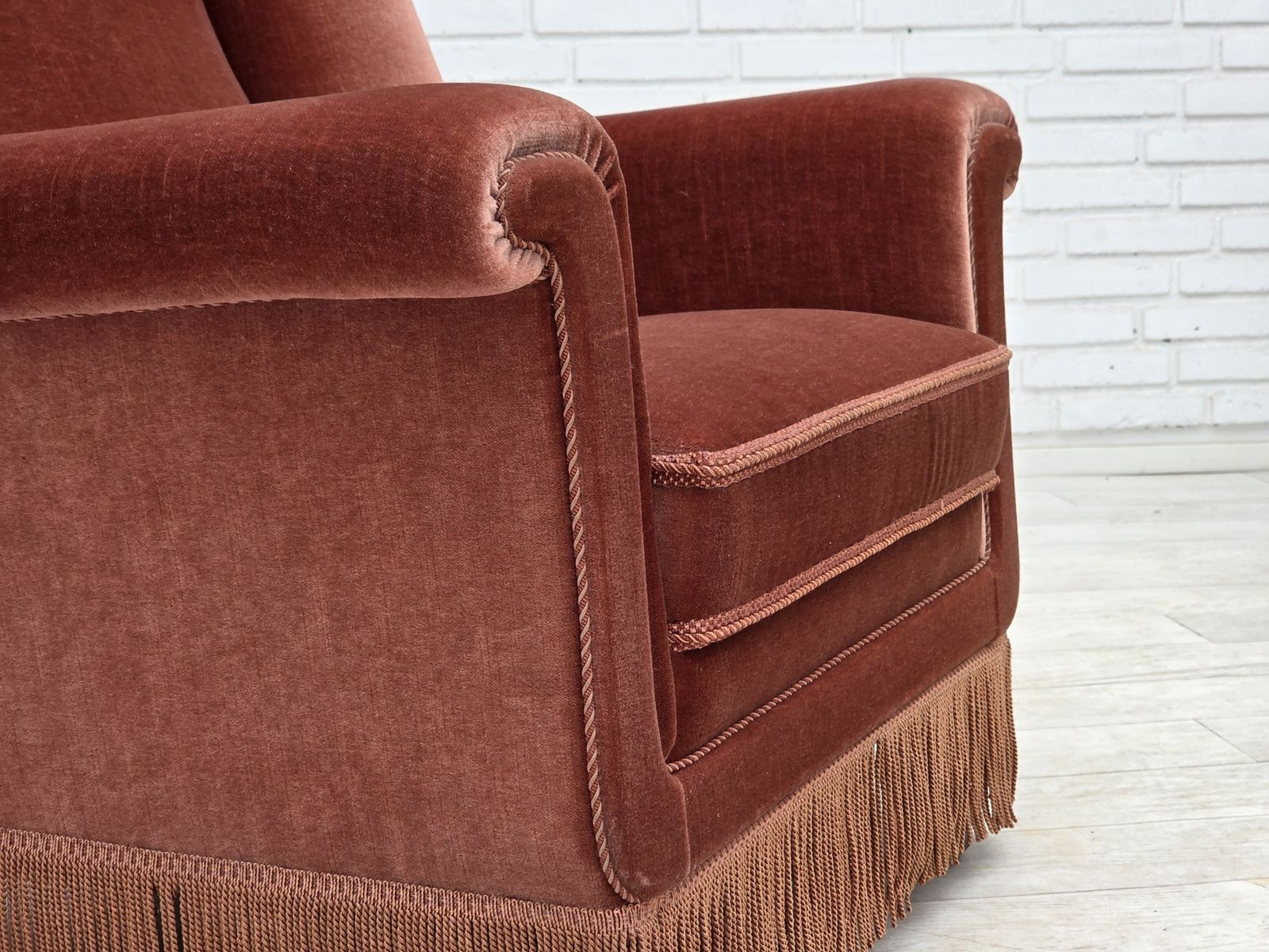 1970s, Danish Highback Armchair, Salmon Pink Furniture Velour, Beech Wood. photo furniture
