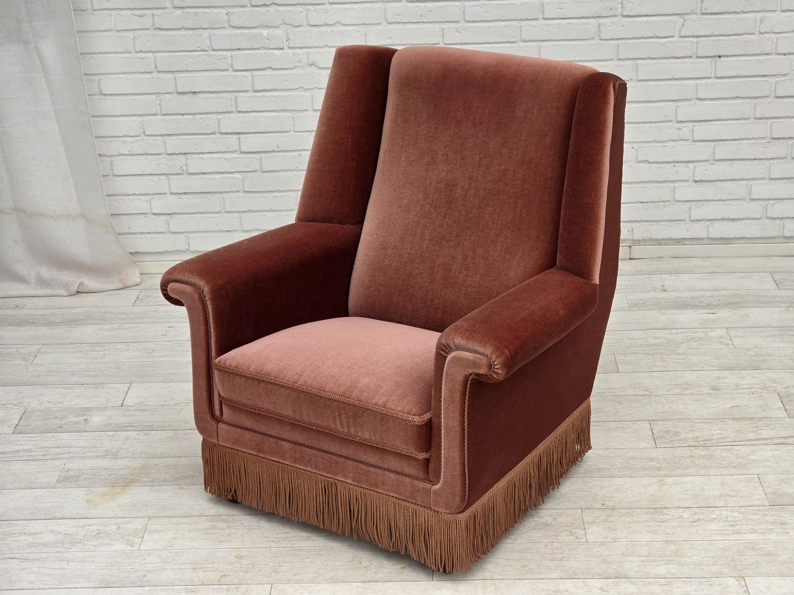 1970s, Danish Highback Armchair, Salmon Pink Furniture Velour, Beech Wood. photo for sale