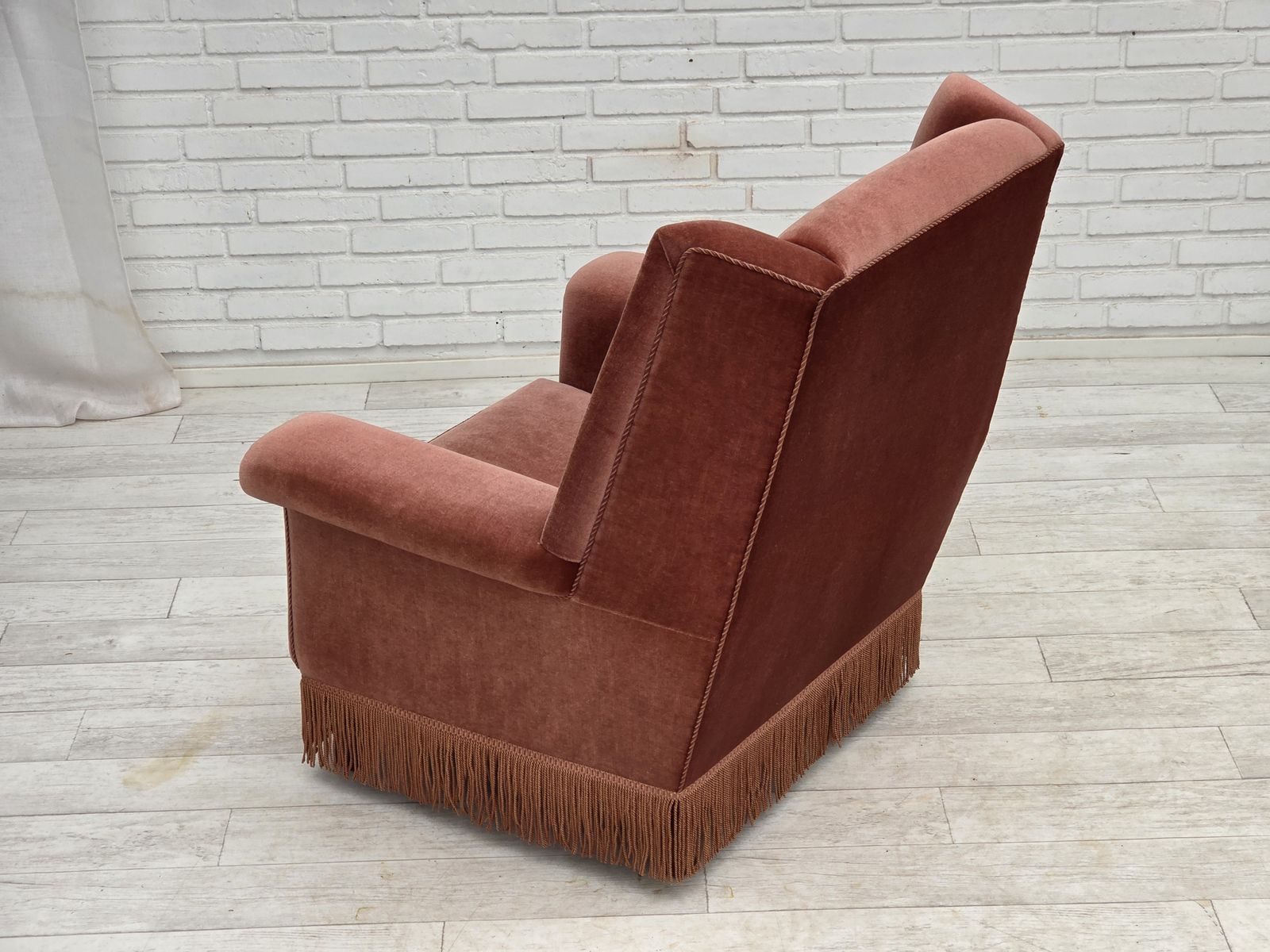 1970s, Danish Highback Armchair, Salmon Pink Furniture Velour, Beech Wood. photo vinterior