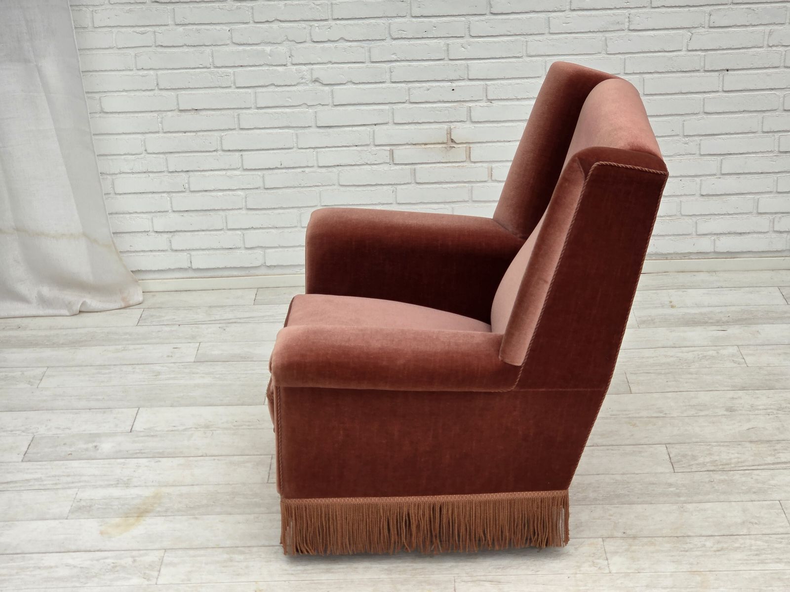1970s, Danish Highback Armchair, Salmon Pink Furniture Velour, Beech Wood. photo vintage
