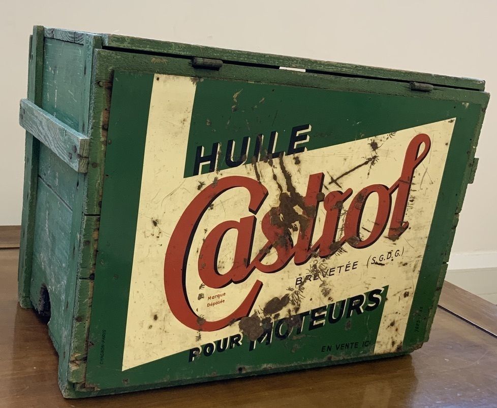 1940's French Castrol Motor Oil Can Wooden Crate photo furniture