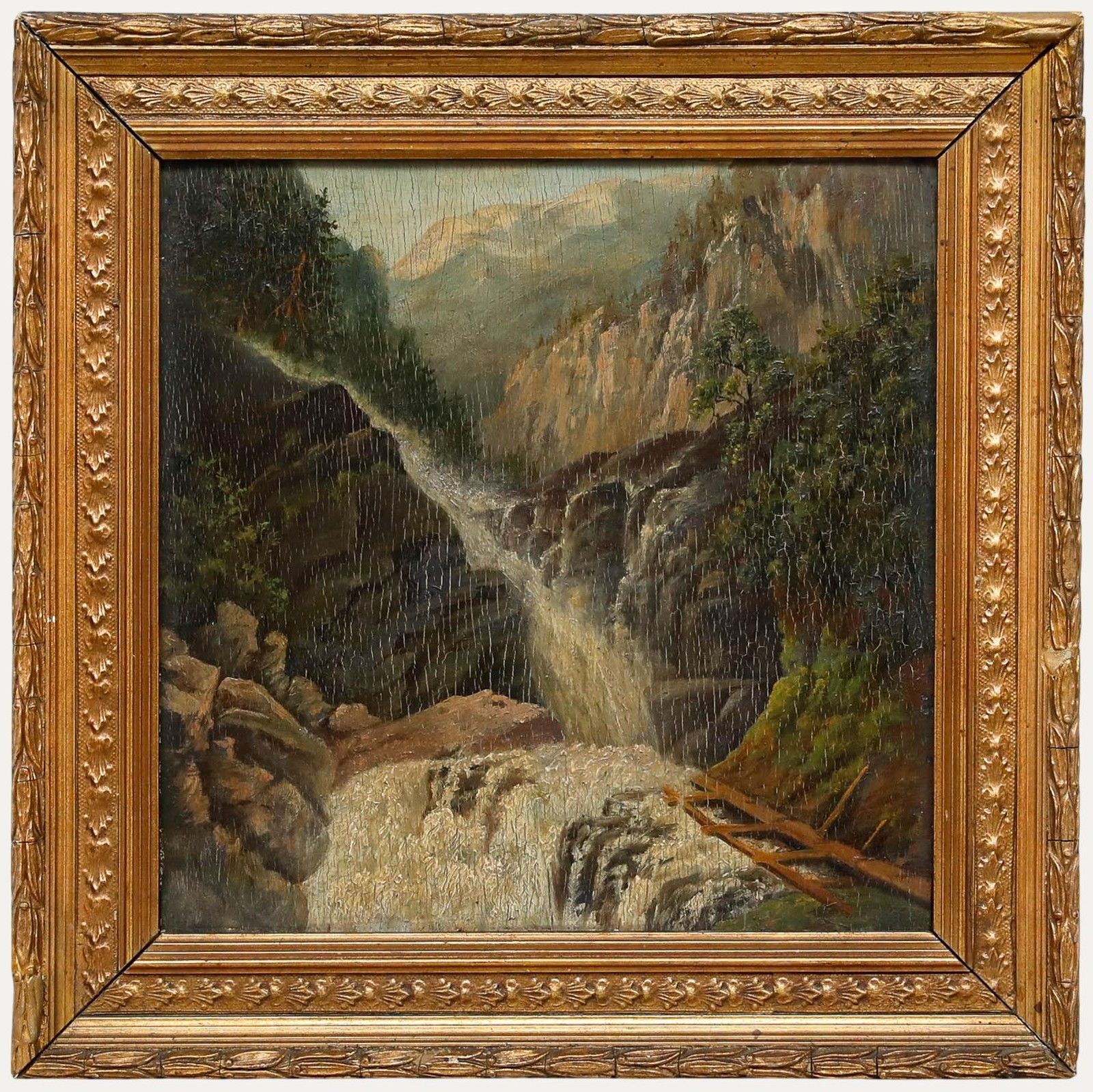 Framed Early 20th Century Oil Waterfall In The Mountains