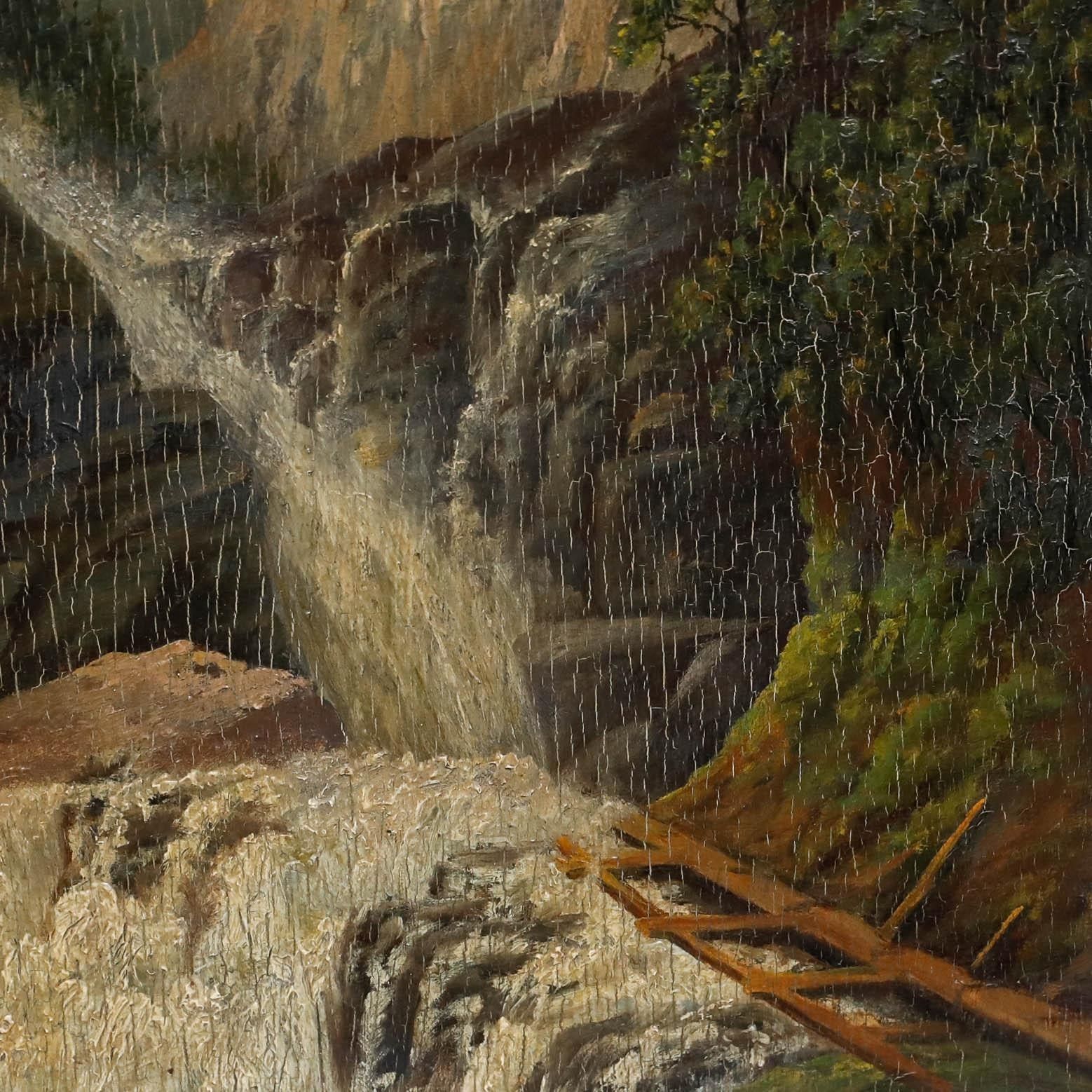 Framed Early 20th Century Oil Waterfall In The Mountains photo Art