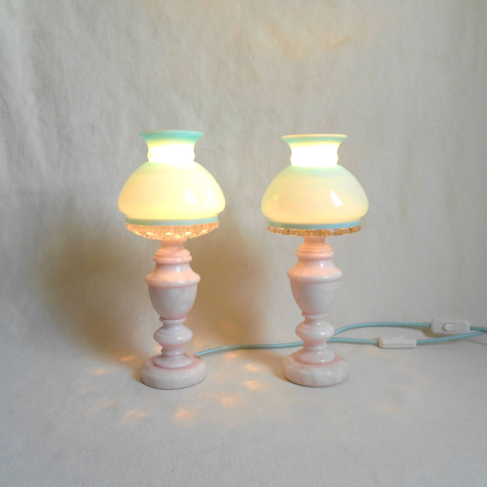 Lighting A Pair Of Vintage Marble Table Lamps With Beautiful Turquoise Oil Lamp Shades photo