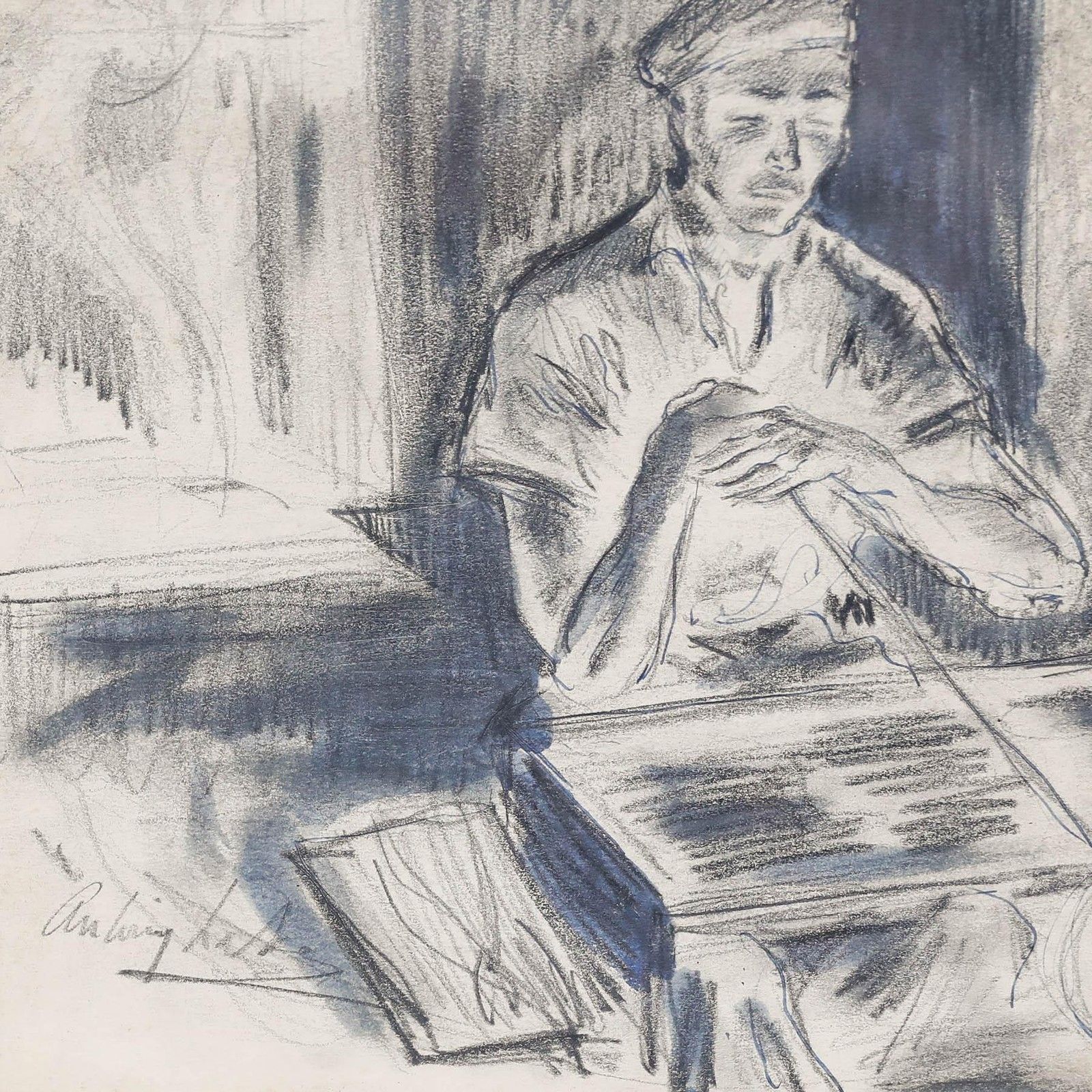 Antony Lake (1905 1956) Framed Charcoal Drawing, The Glass Blower photo vinterior