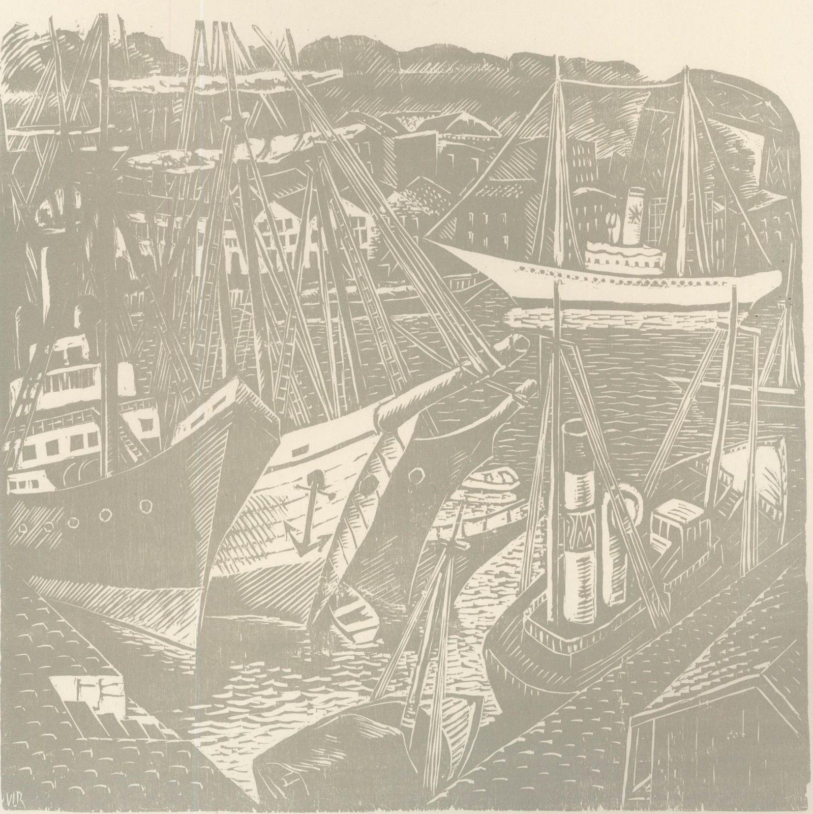 Victor Rebuffo (1903 1983) Mid 20th Century Woodcut, Boats & Harbour photo furniture