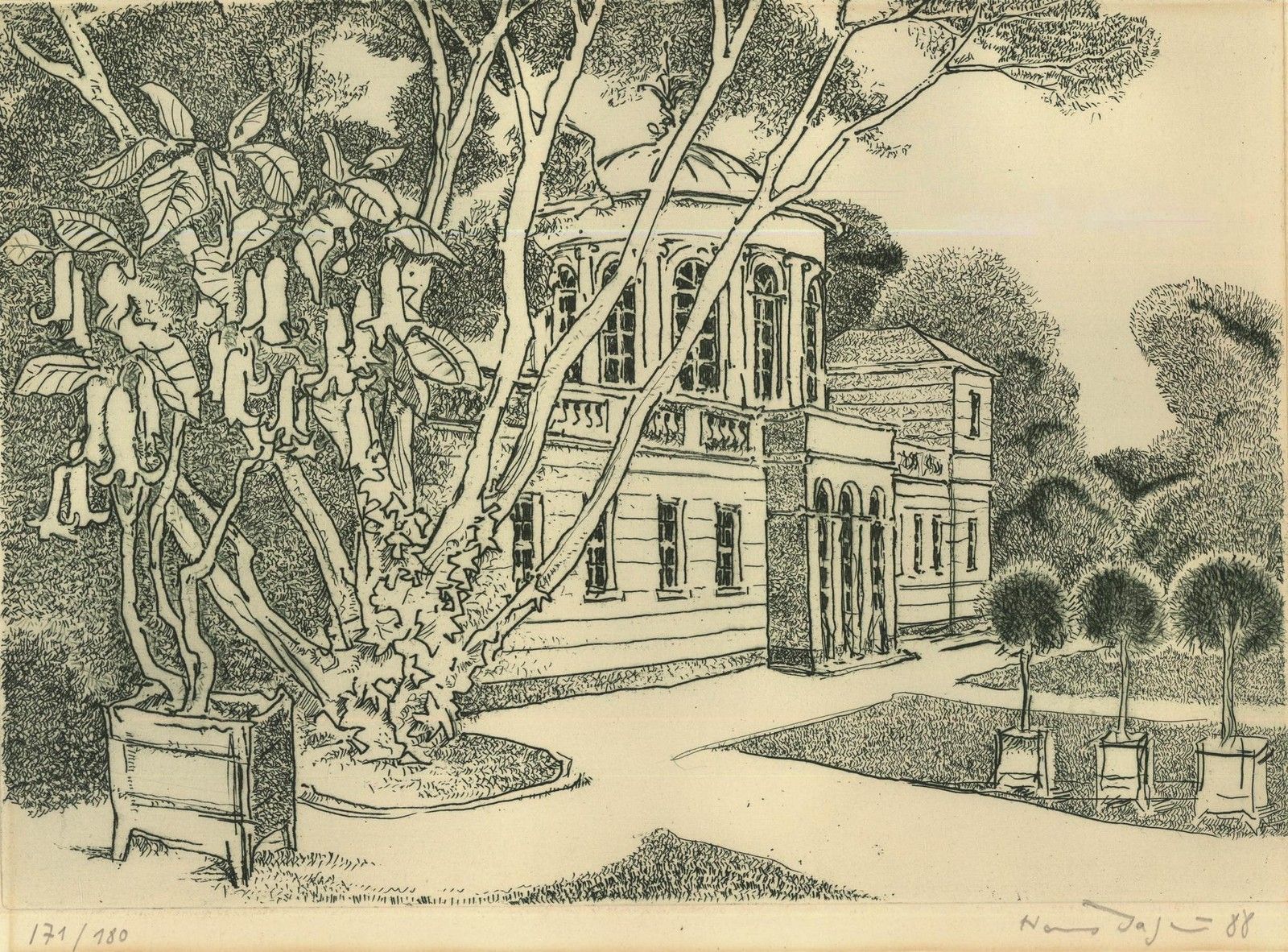 Hanns Jatzlau (B.1926) 1988 Etching, The Gardens In Summer photo furniture