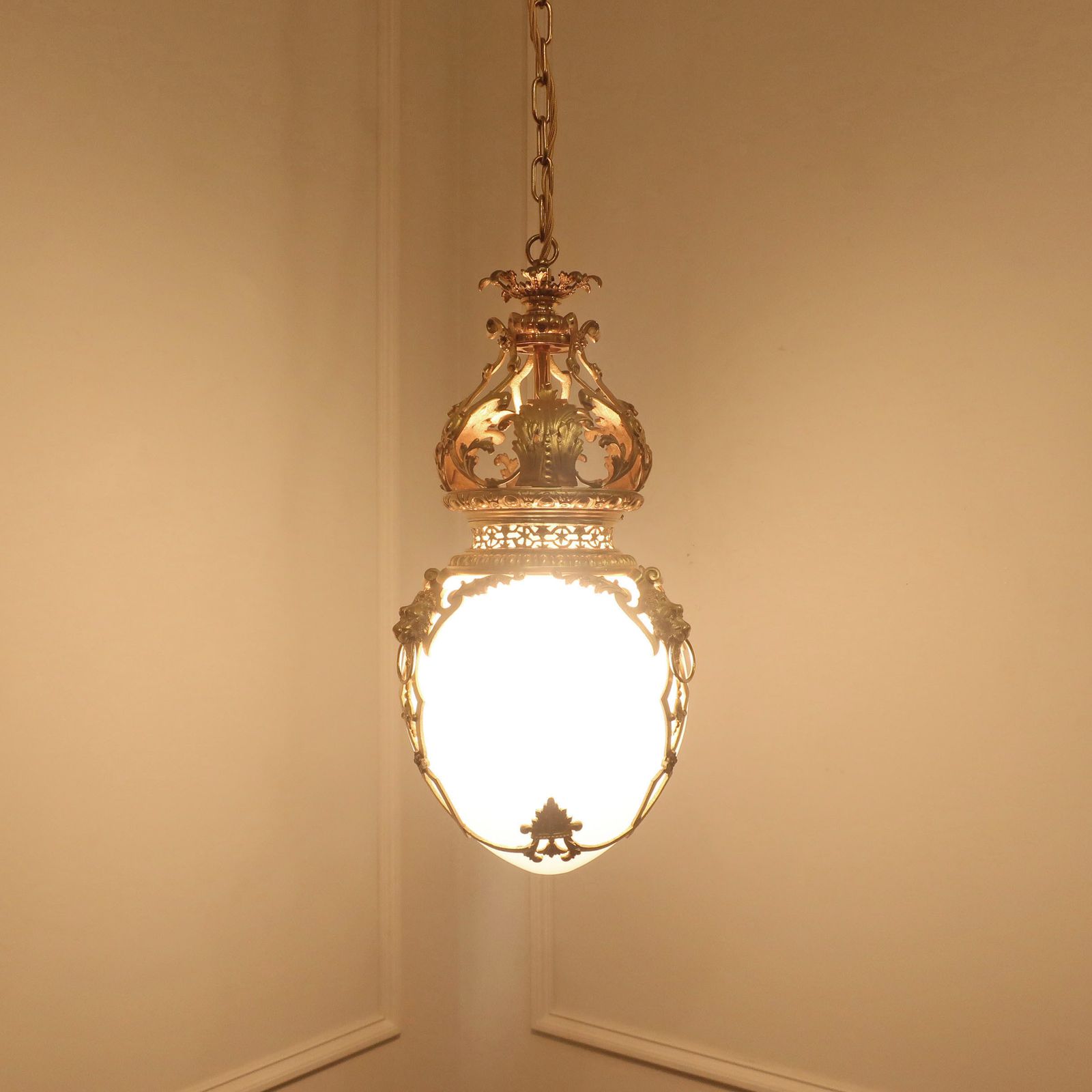 Victorian Gilt Bronze & Opaline Glass Pendant Lantern By Perry & Co photo furniture