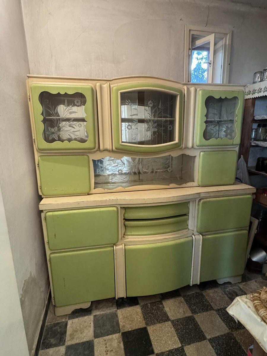 Hungarian Art Deco Green And Cream Kitchen Cabinet With Glass Doors, 1940s photo furniture