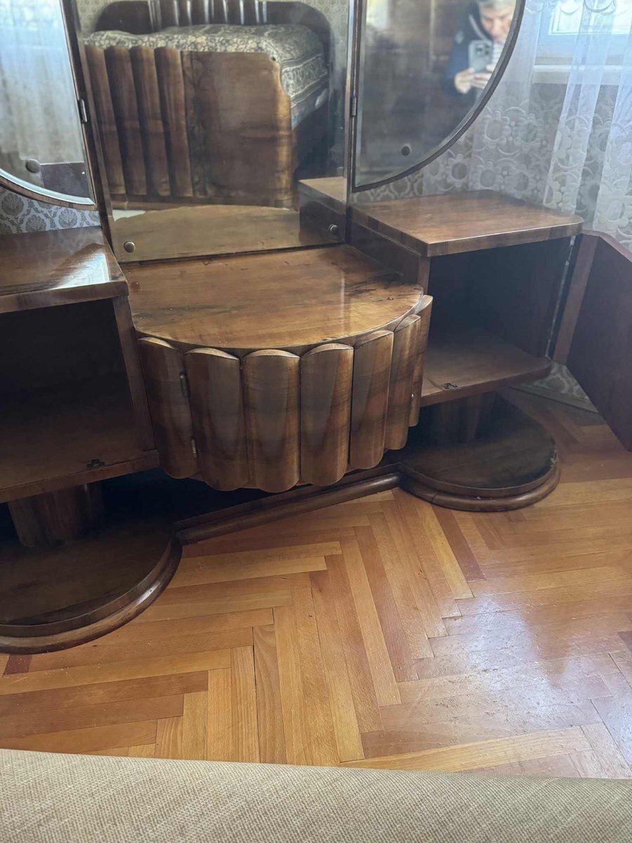 Art Deco Walnut Vanity Table With Triptych Mirror, 1930s photo furniture