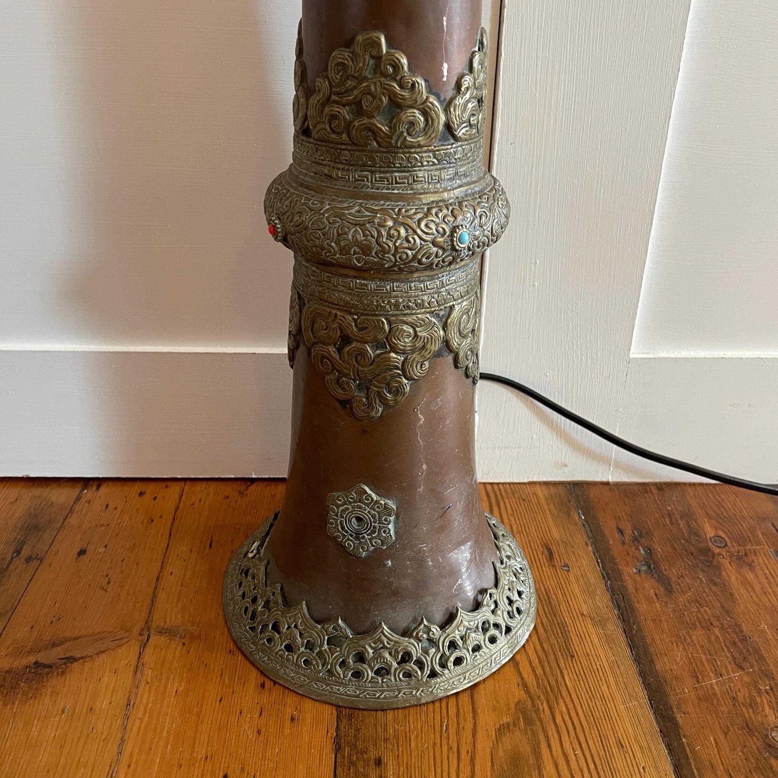Antique Brass Copper Floor Lamp Made From Tibetan Dungchen Horn Ornate Repoussé Detailing Nepalese Himalayan Handcrafted Ornamental Lighting photo for sale
