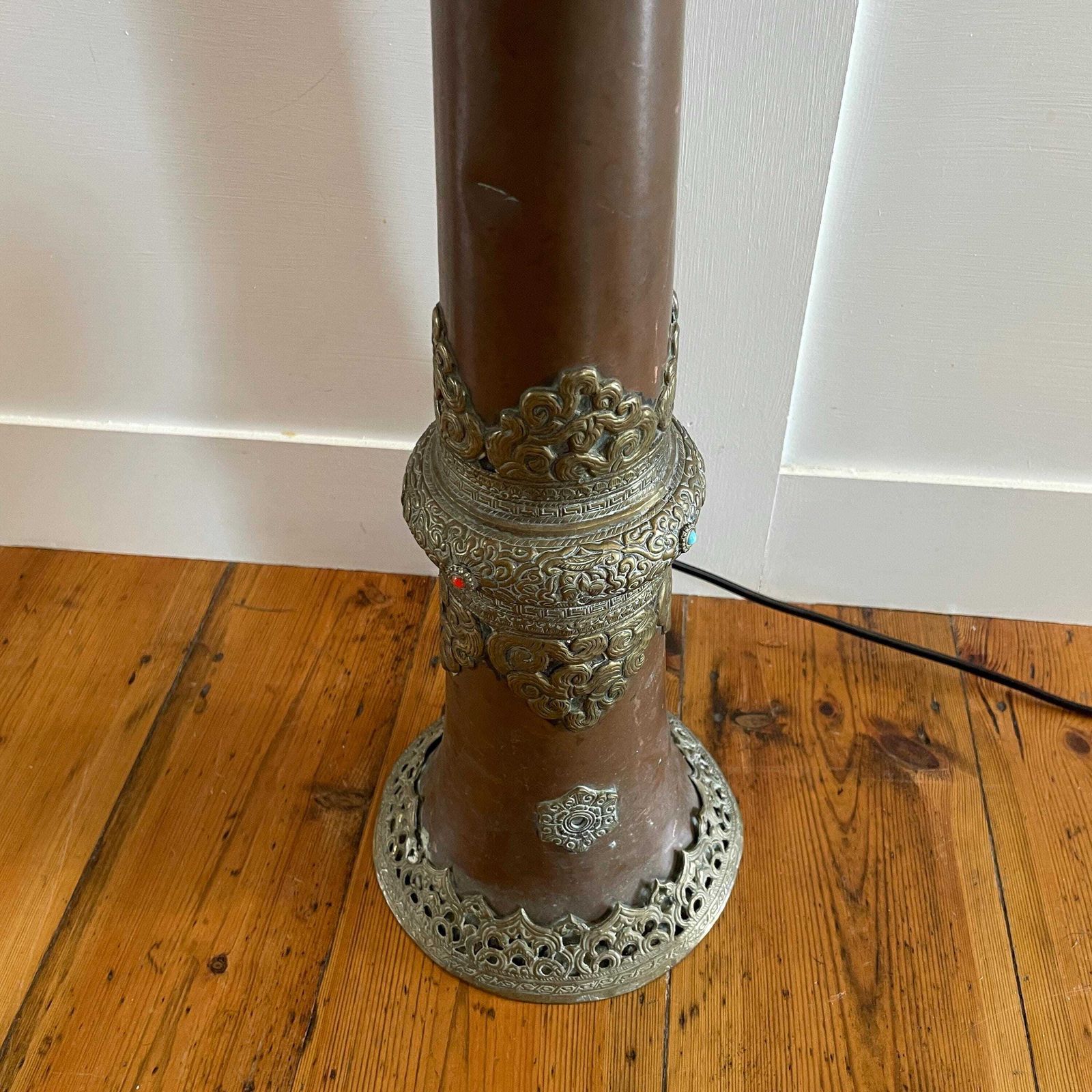 photo for sale Antique Brass Copper Floor Lamp Made From Tibetan Dungchen Horn Ornate Repoussé Detailing Nepalese Himalayan Handcrafted Ornamental Lighting