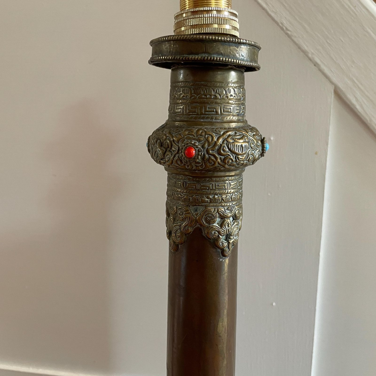 Lighting Antique Brass Copper Floor Lamp Made From Tibetan Dungchen Horn Ornate Repoussé Detailing Nepalese Himalayan Handcrafted Ornamental Lighting photo