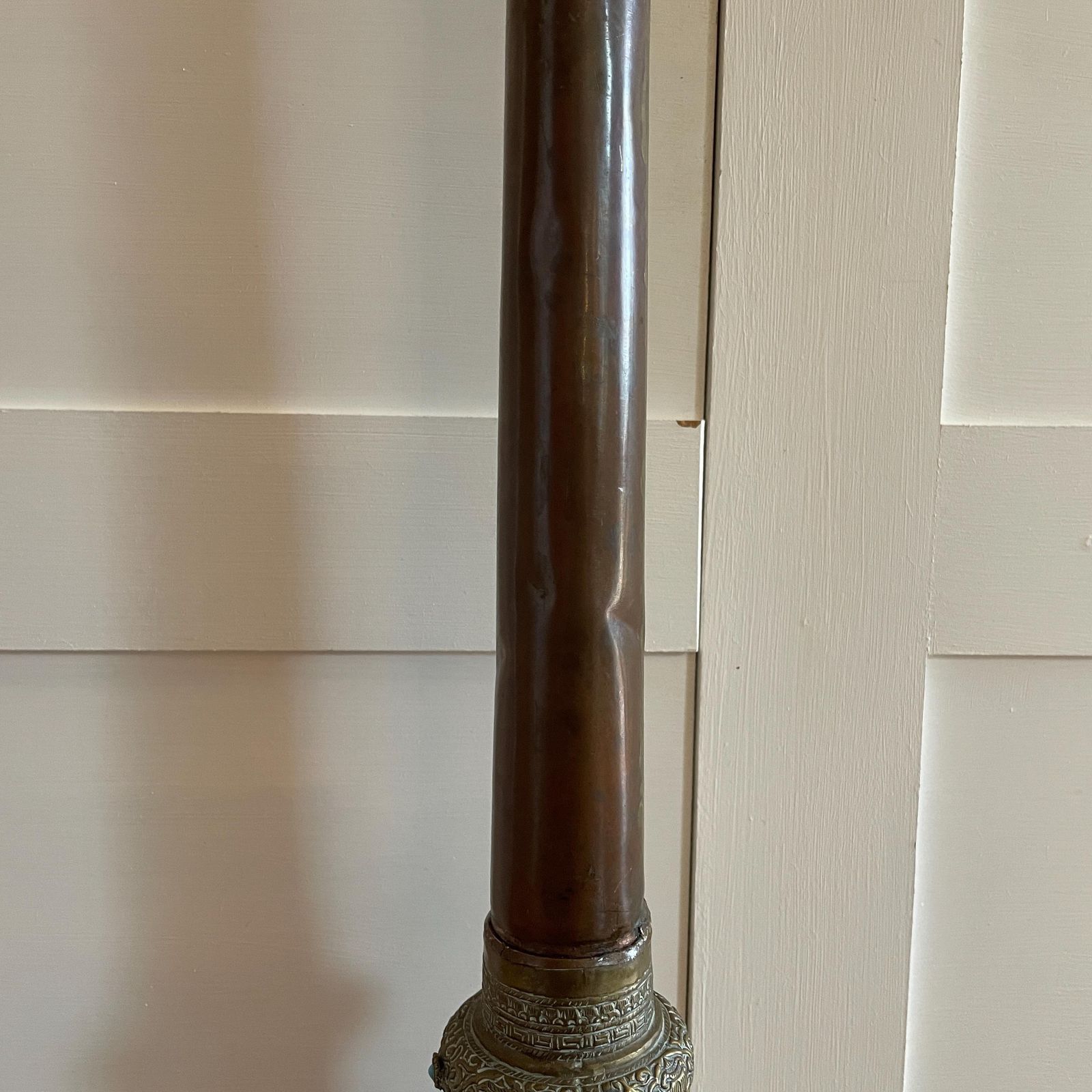 Antique Brass Copper Floor Lamp Made From Tibetan Dungchen Horn Ornate Repoussé Detailing Nepalese Himalayan Handcrafted Ornamental Lighting photo vintage