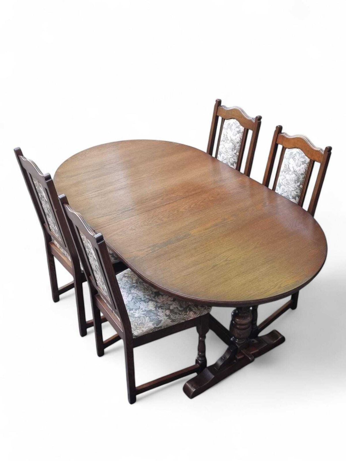 photo for sale Vintage Old Charm Woodbros Oak Dining Chairs / Set Of 4 / Solid Oak Wooden Frames / Lovely Floral Design To Fabric