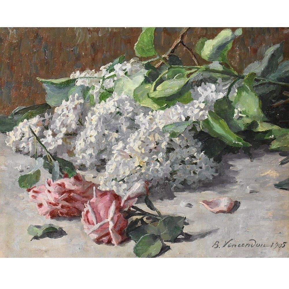 Art Nouveau Still Life Painting, Flowers Painting, Roses And Lilacs, Oil On Canvas, Antique Painting, XX. (Qf627) photo for sale