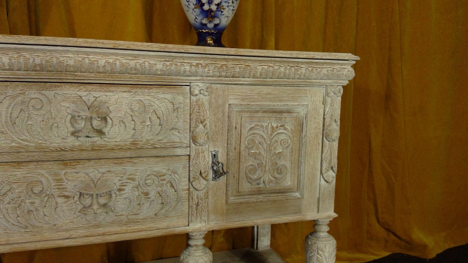 A Finely Carved Oak(cerused) Limed Dresser Base Sideboard photo vintage