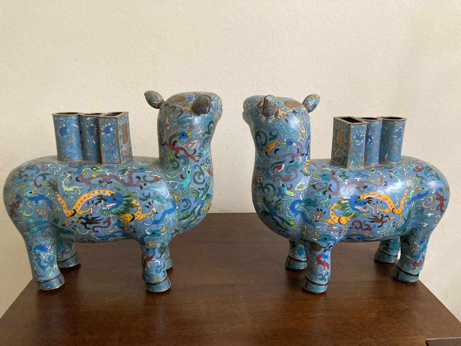Pair Of Chinese Cloisonné Llama Vases photo for sale