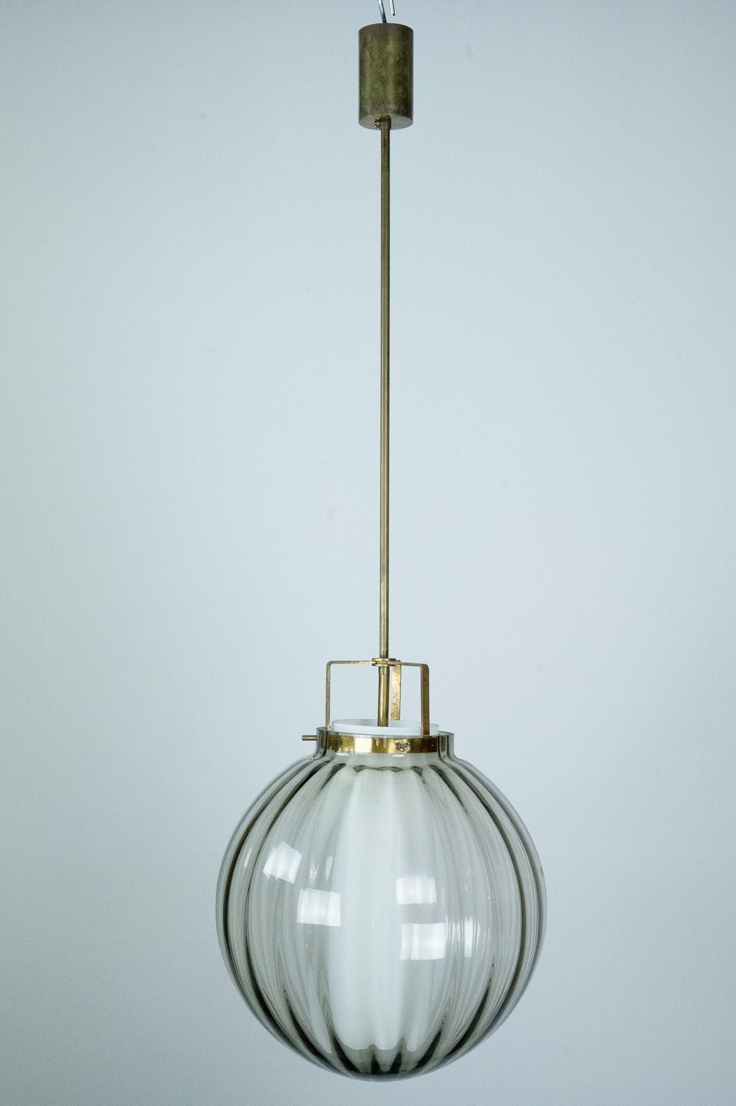 Mid Century Murano Smoked Glass Chandelier With Opaline Diffuser, Italy 1950s photo vinterior