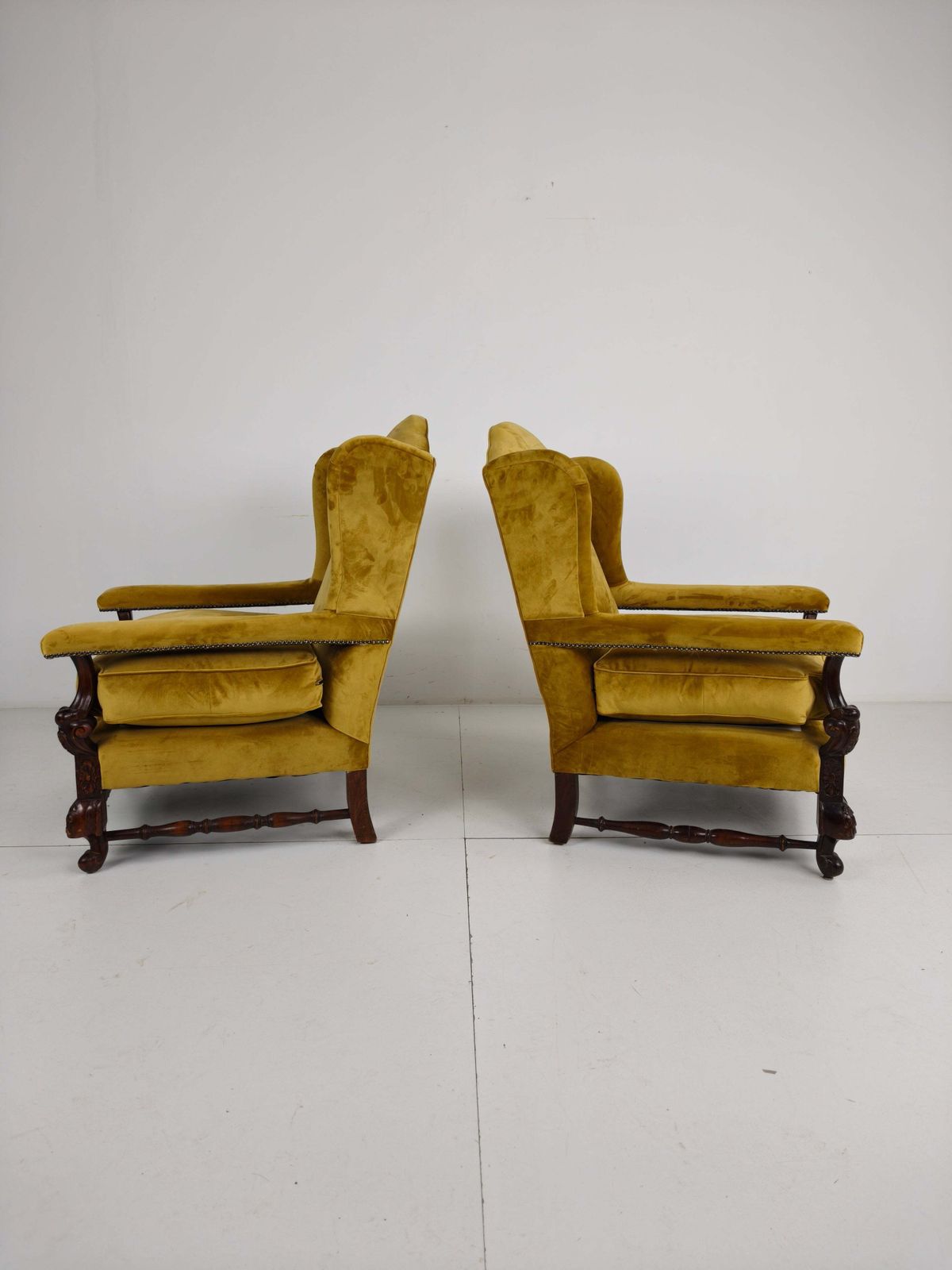 Pair Of 19th Century Carved Walnut Armchairs – Floral Motifs – Velvet Upholstery photo furniture
