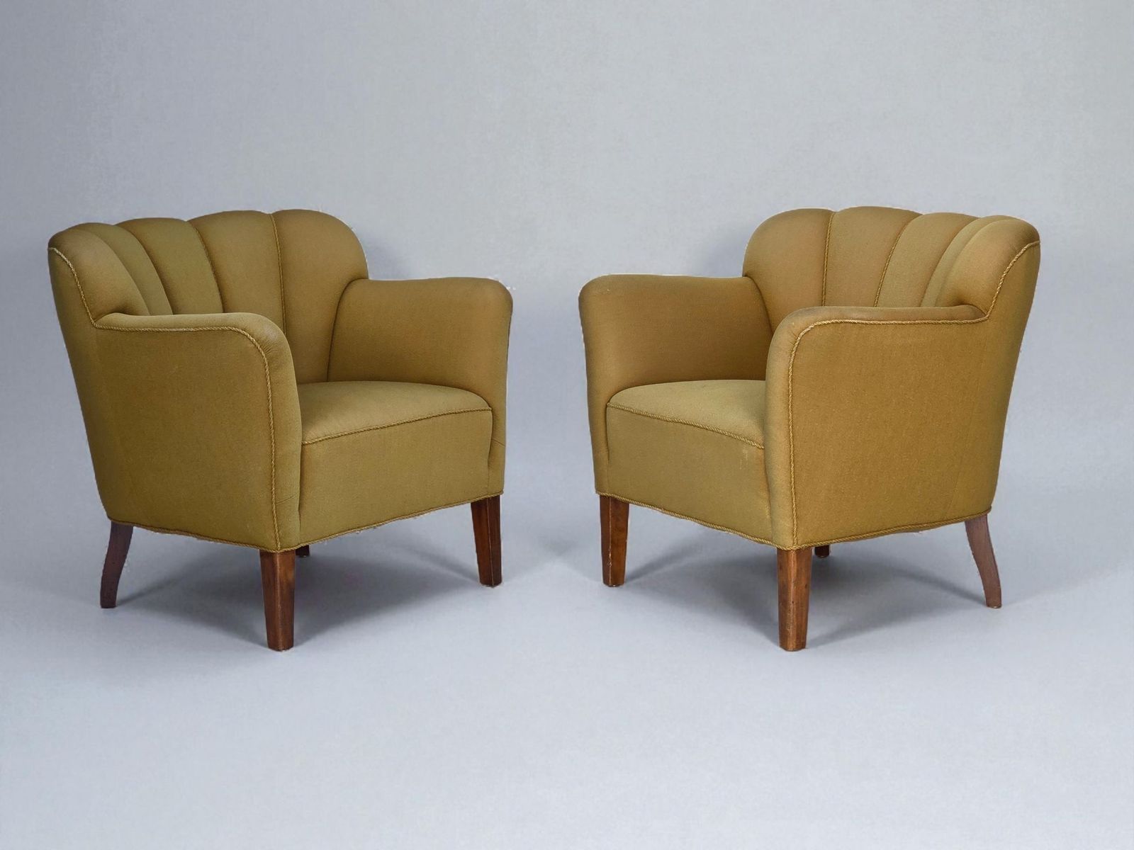 1960s, Pair Of Danish Armchairs, Green Furniture Wool, Ash Wood Legs.