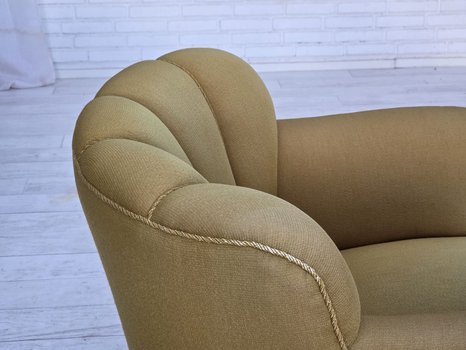 photo furniture 1960s, Pair Of Danish Armchairs, Green Furniture Wool, Ash Wood Legs.