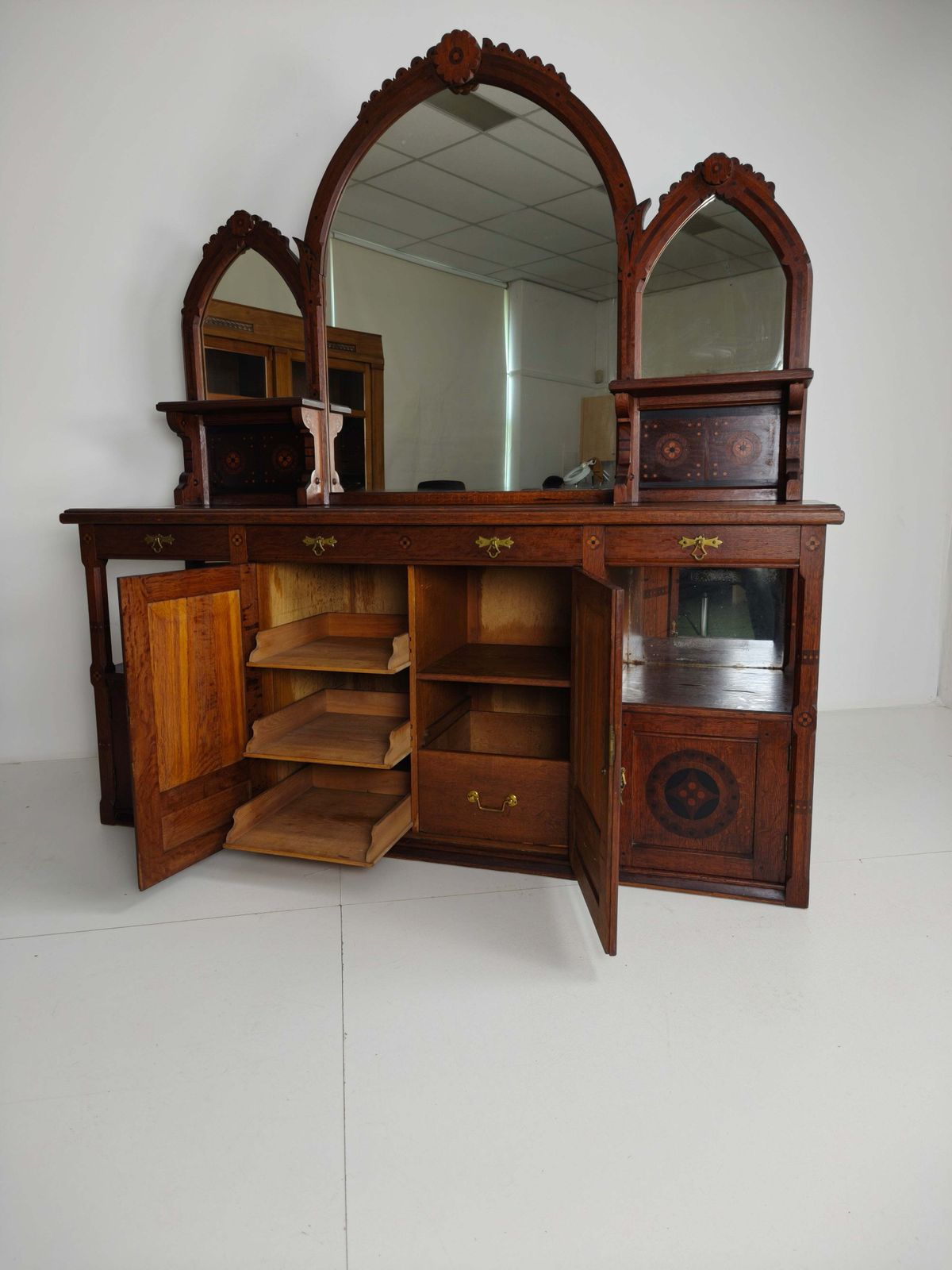 1738.0 Rare 19th Century English Arts & Crafts Oak Sideboard By Pratt & Prince – Sunflower Motif Inlay photo
