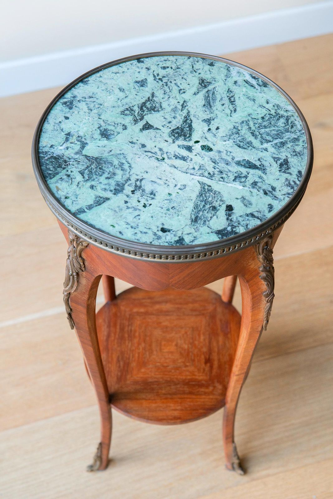 Antique French Side Table, Marble Top, Brass Edge, Louis XVI Style, Baroque Round Accent Table photo for sale