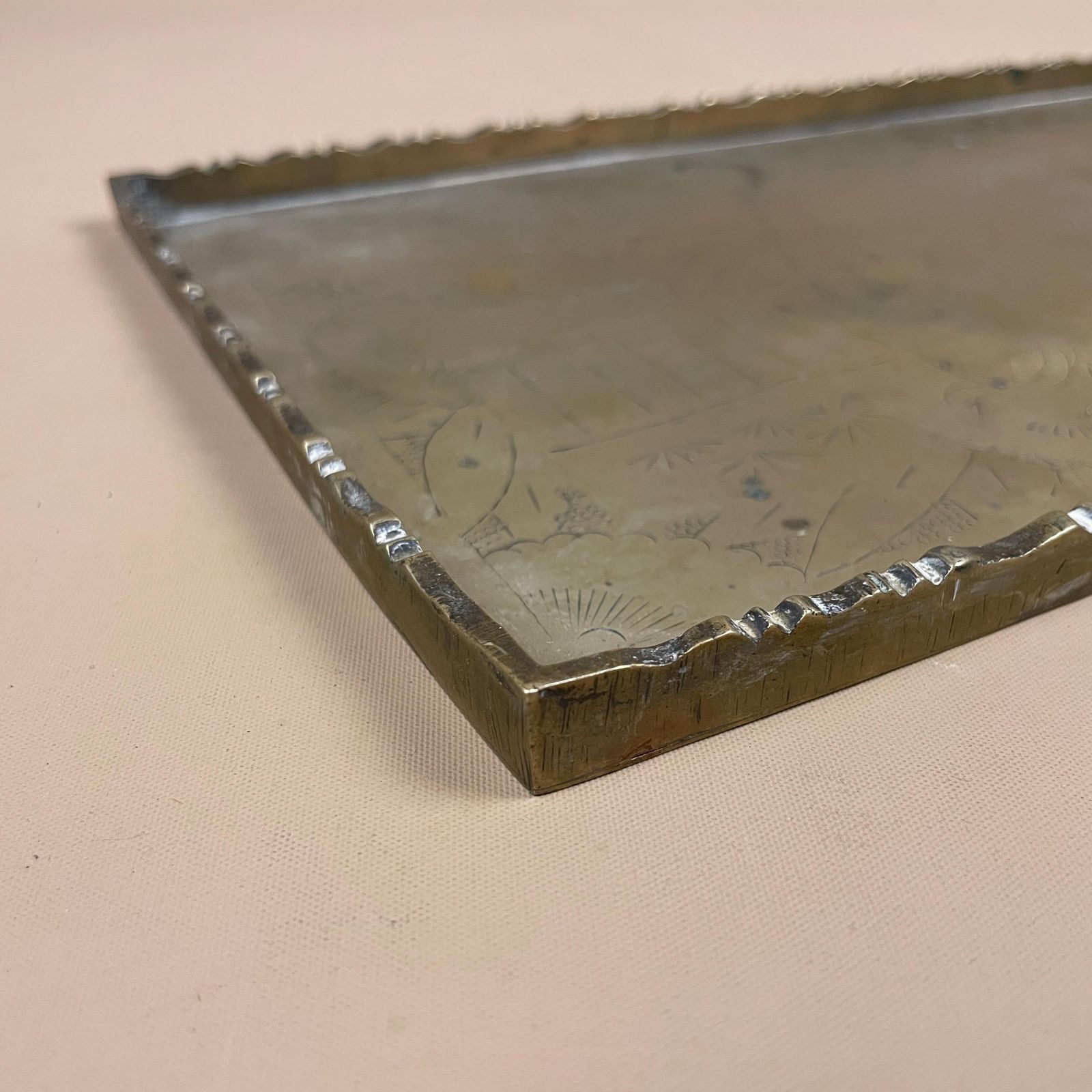 Antique Metal Gold Chinese Oriental Patterned Brass Tray 38x18cm Plate Rectangle Handmade Etched Intricate Decorative Wall Vintage Display photo 65.0