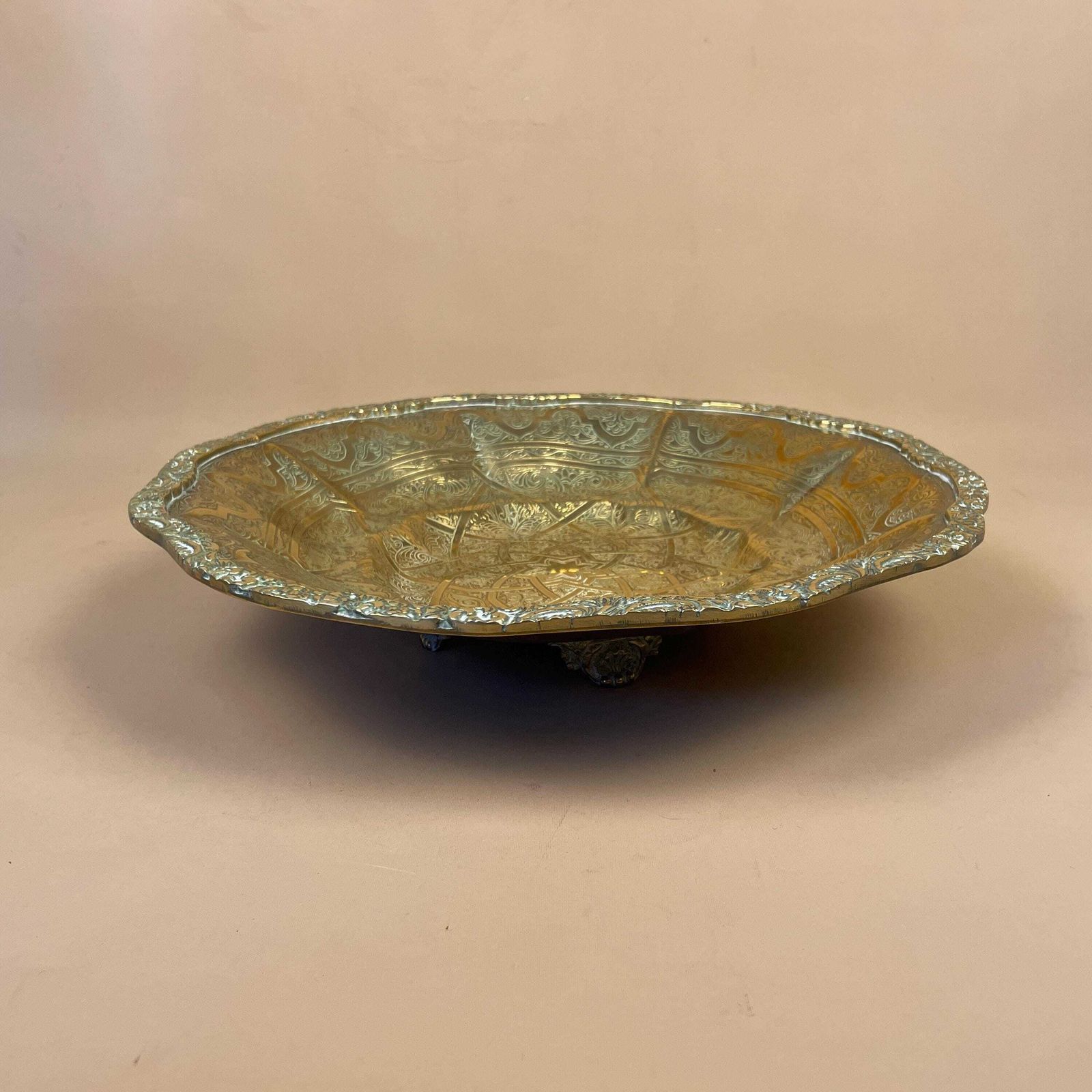 Middle Eastern Metal Gold Brass Tray 33cm Pattern Decorative 4 Feet Round Handmade Etched Intricate Vintage Antique Table Top Plate Bowl photo vinterior