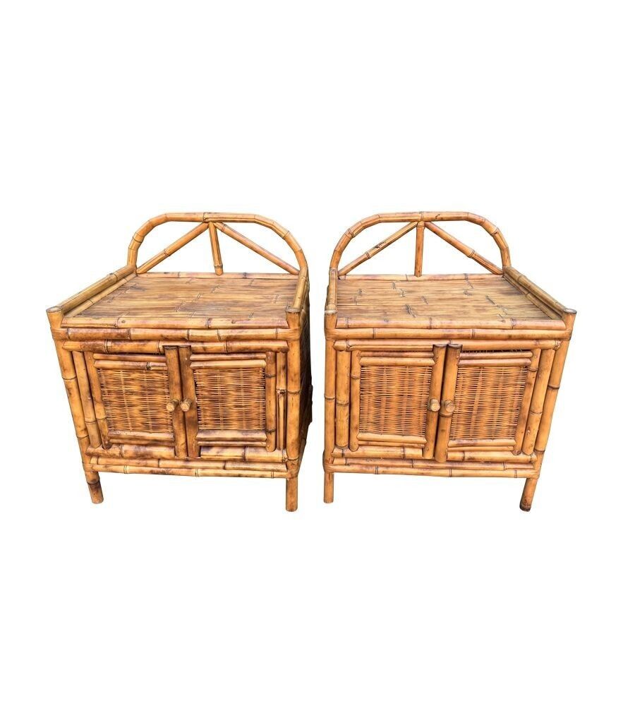 A Pair Of Italian 1970s Tortoiseshell Bamboo Bedside Tables With Two Doors photo for sale