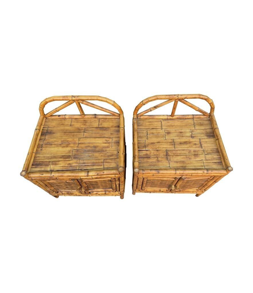 A Pair Of Italian 1970s Tortoiseshell Bamboo Bedside Tables With Two Doors photo vinterior