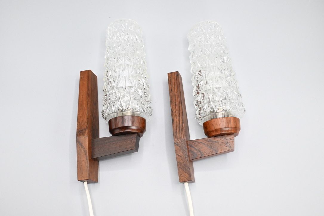 Pair Of Scandinavian Pallisander Wooden Wall Lamps With Glass Shades, Sweden 1960s photo vinterior