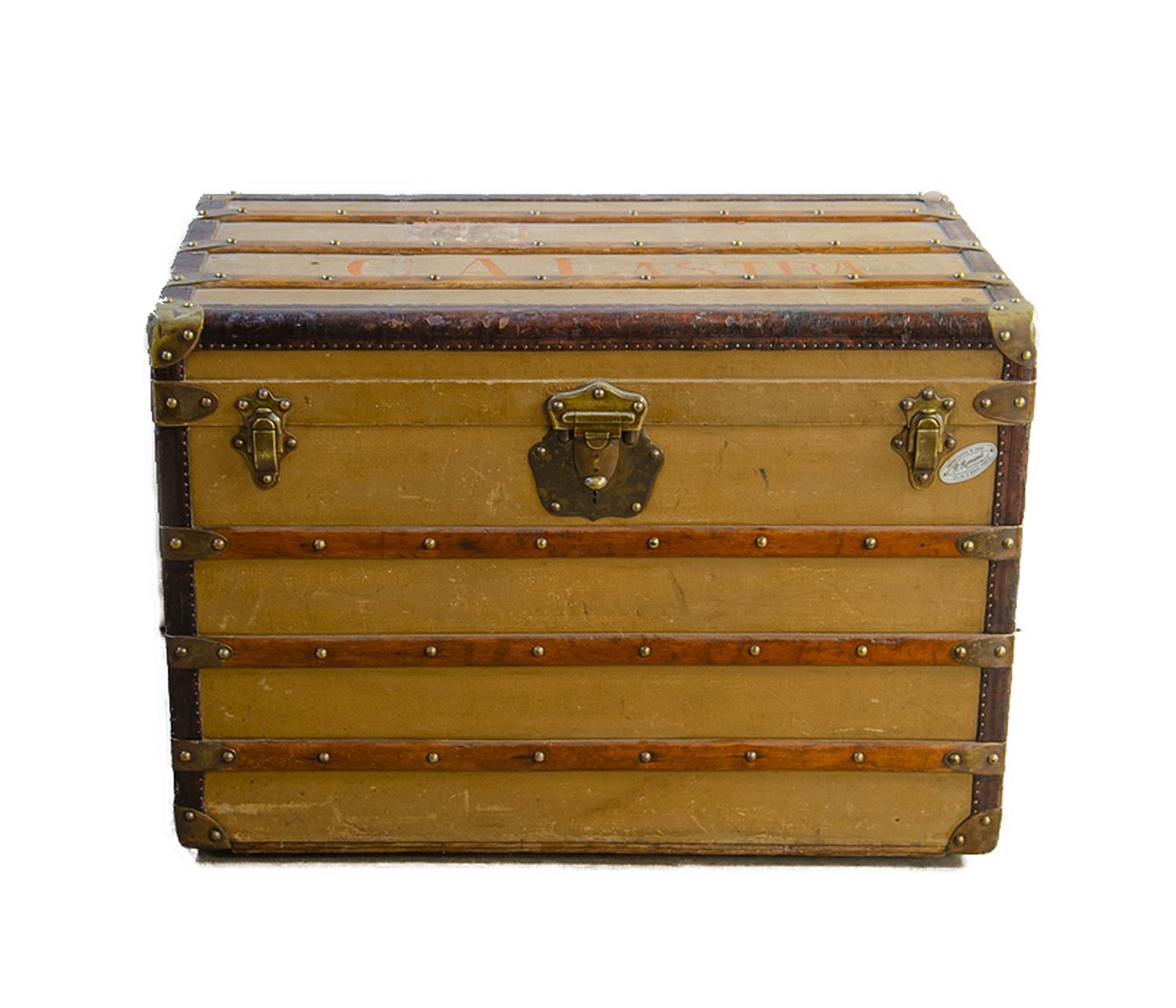 1900s Wooden Steamer Trunk With Brass And Leather Accents By Paul Romand, France photo for sale