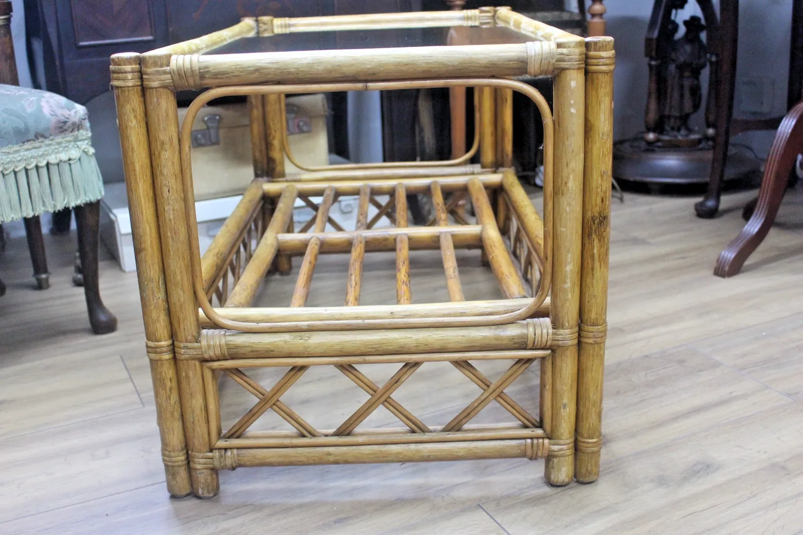 Vintage Coffee Table Bamboo Rattan Glass Top Rectangle Oriental Boho Retro photo 87.0