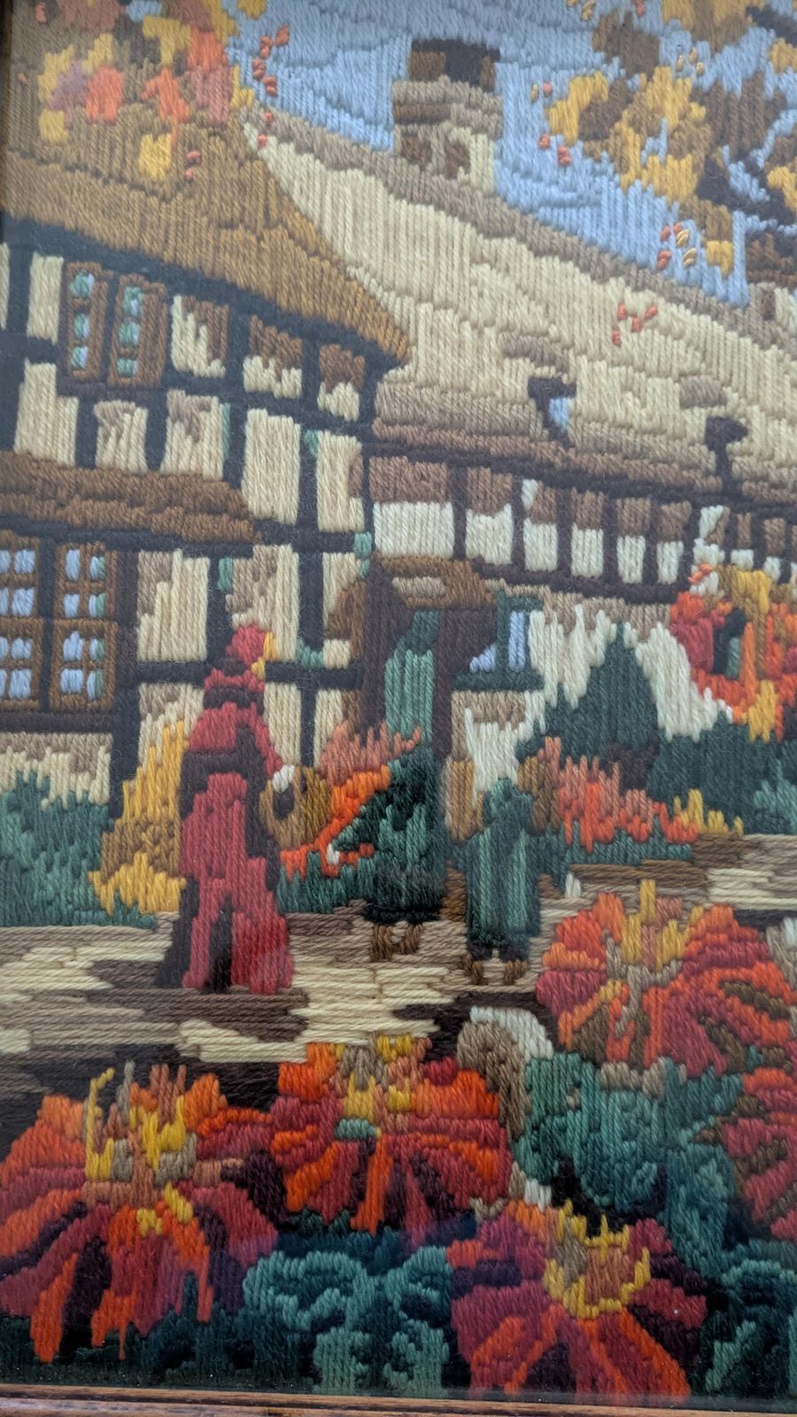 Vintage Hand Stitched Needlepoint Autumn Cottage Scene | Framed Embroidery Art | Rustic Wall Decor photo for sale