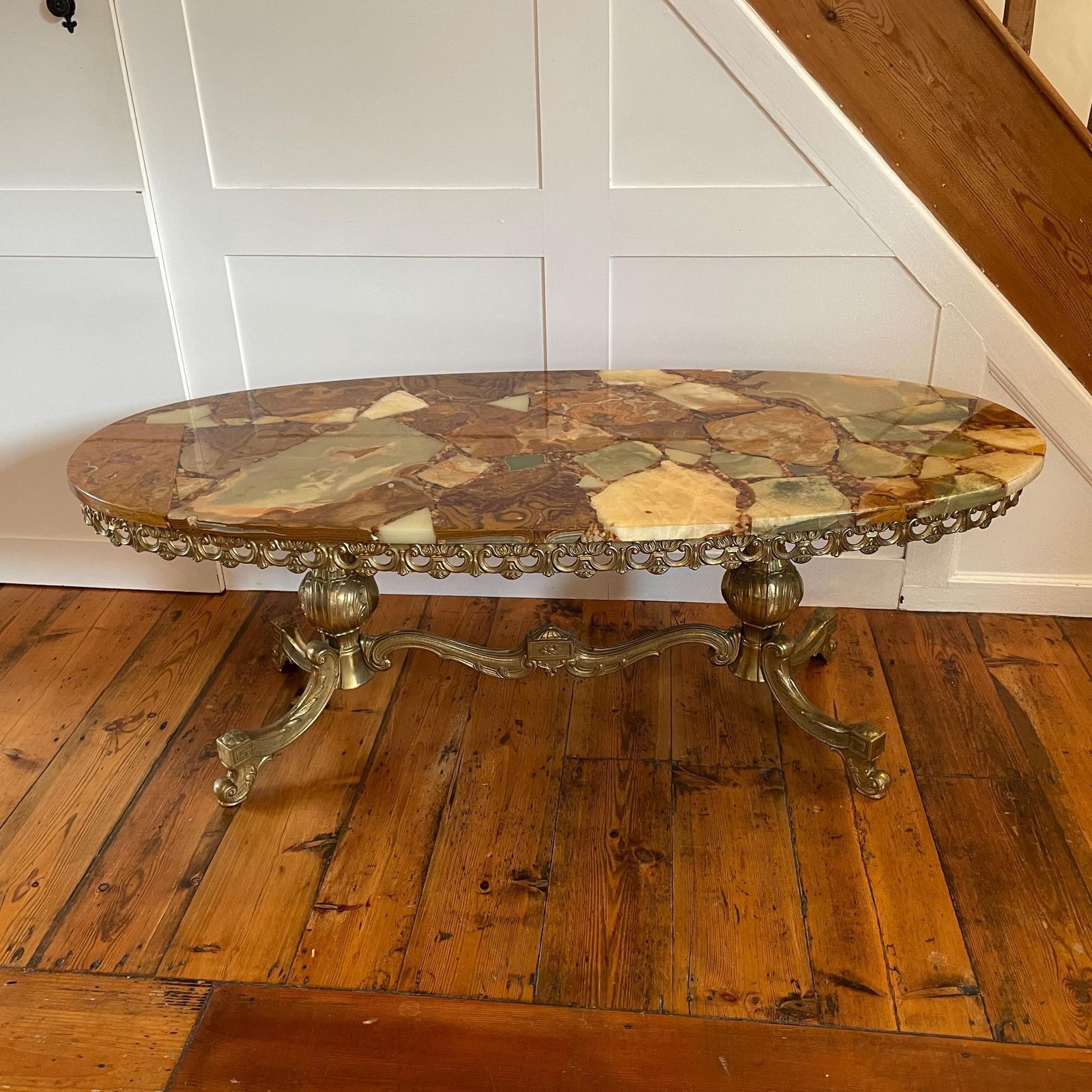 Vintage Marble Onyx Coffee Table Regency Style Gold Metal Ornate Legs Coastal Beach Theme Stone Top Mid Century Italian Style Living Room