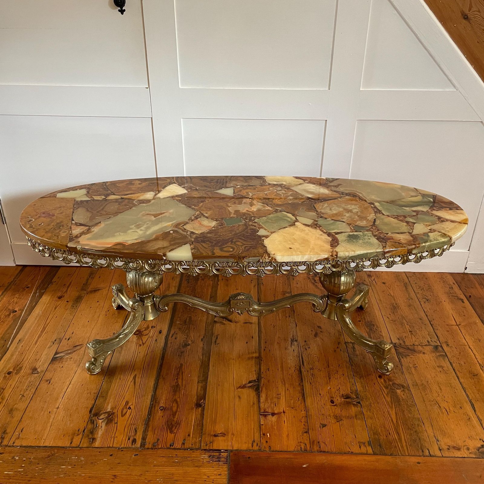 Vintage Marble Onyx Coffee Table Regency Style Gold Metal Ornate Legs Coastal Beach Theme Stone Top Mid Century Italian Style Living Room photo 449.0