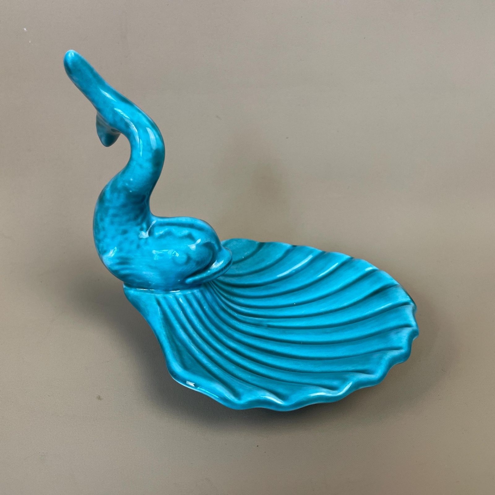 Vintage Fish Soap Dish Teal Blue Bathroom Decor Ceramic Shell Shaped Pottery Trinket Bowl Mid Century Made In England Pottery photo for sale