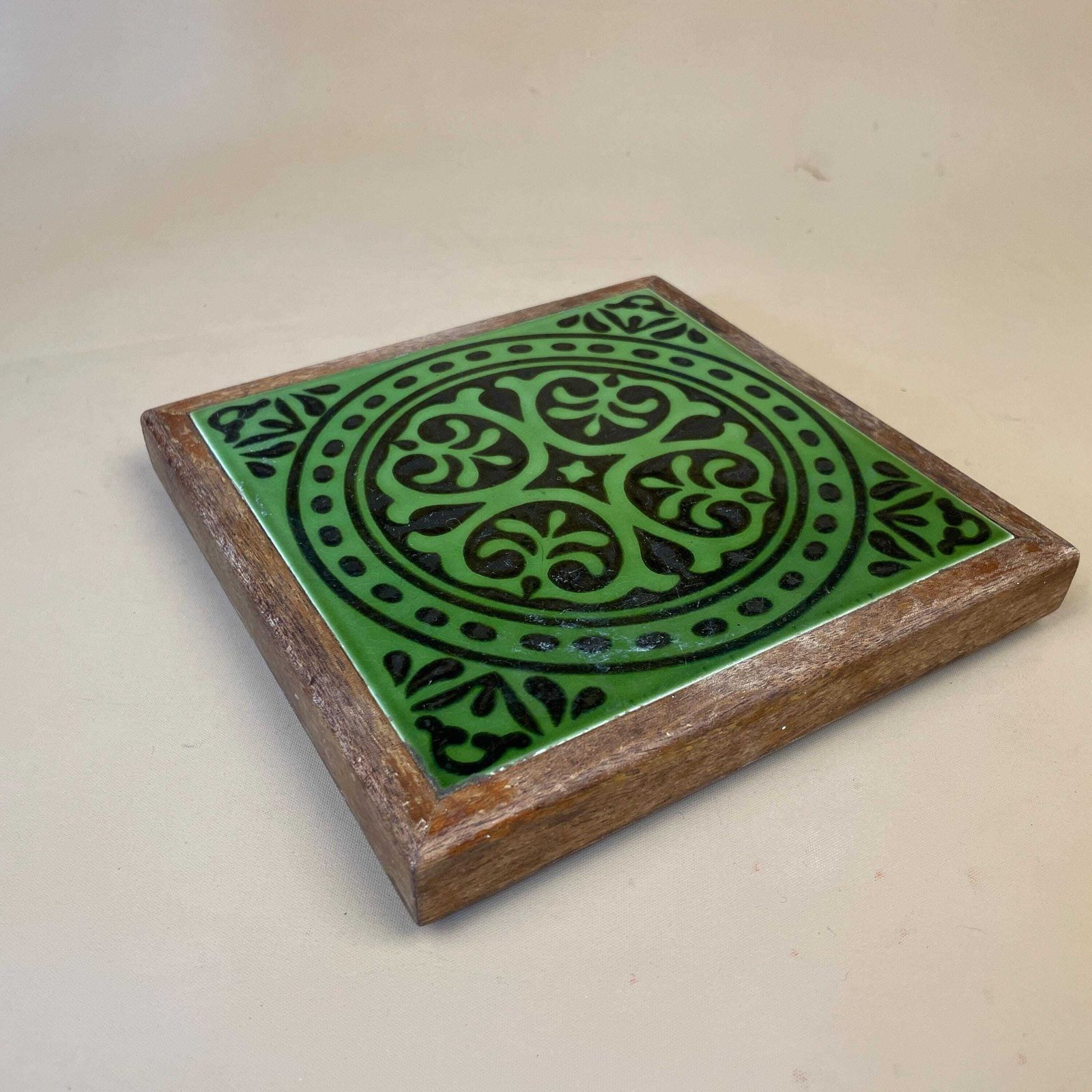 Moroccan Green Tile Trivet Ceramic With Wood Frame Handcrafted Decor Vintage Kitchen Decor Boho Style Table Protector Drink Coaster Morocco photo furniture