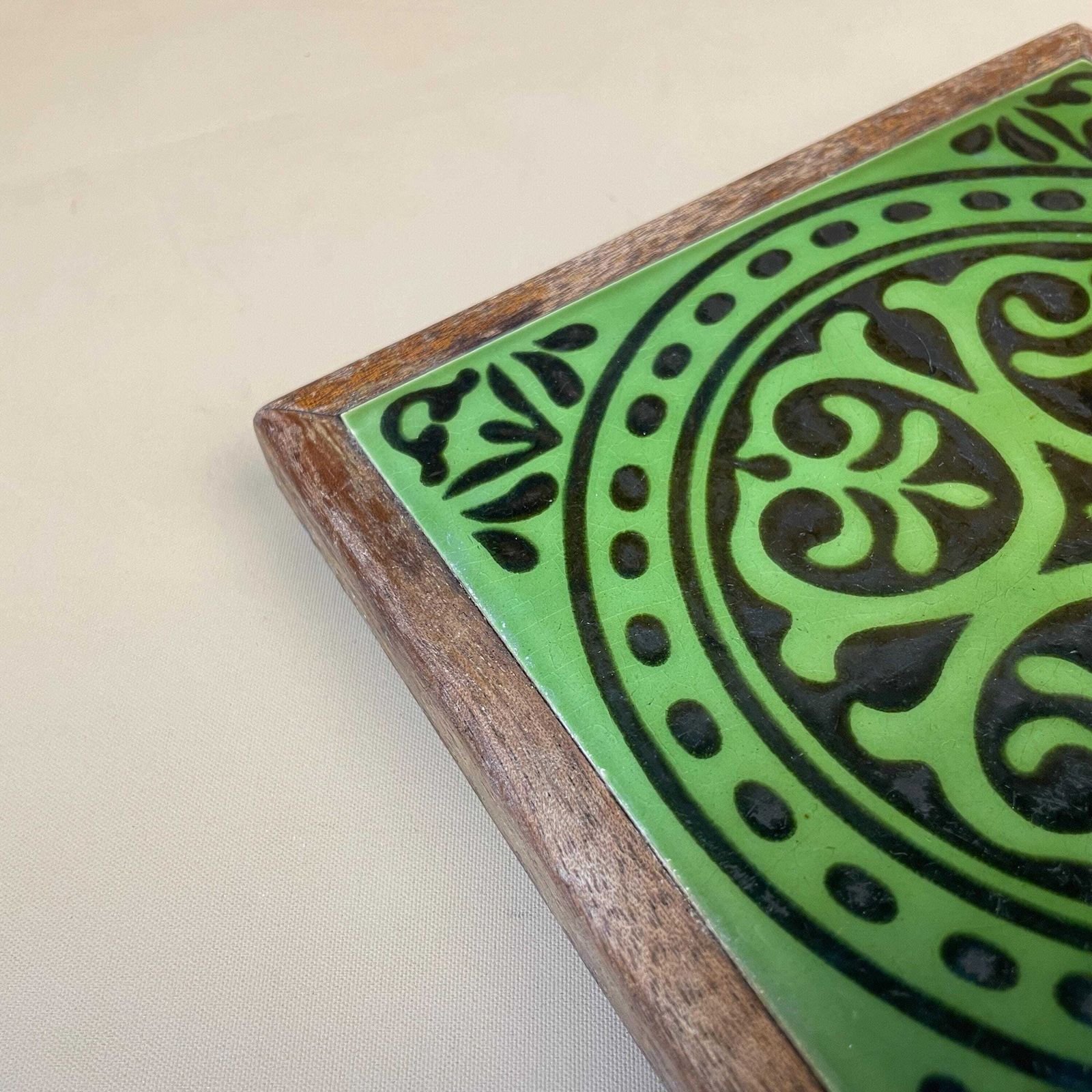 Moroccan Green Tile Trivet Ceramic With Wood Frame Handcrafted Decor Vintage Kitchen Decor Boho Style Table Protector Drink Coaster Morocco photo buy