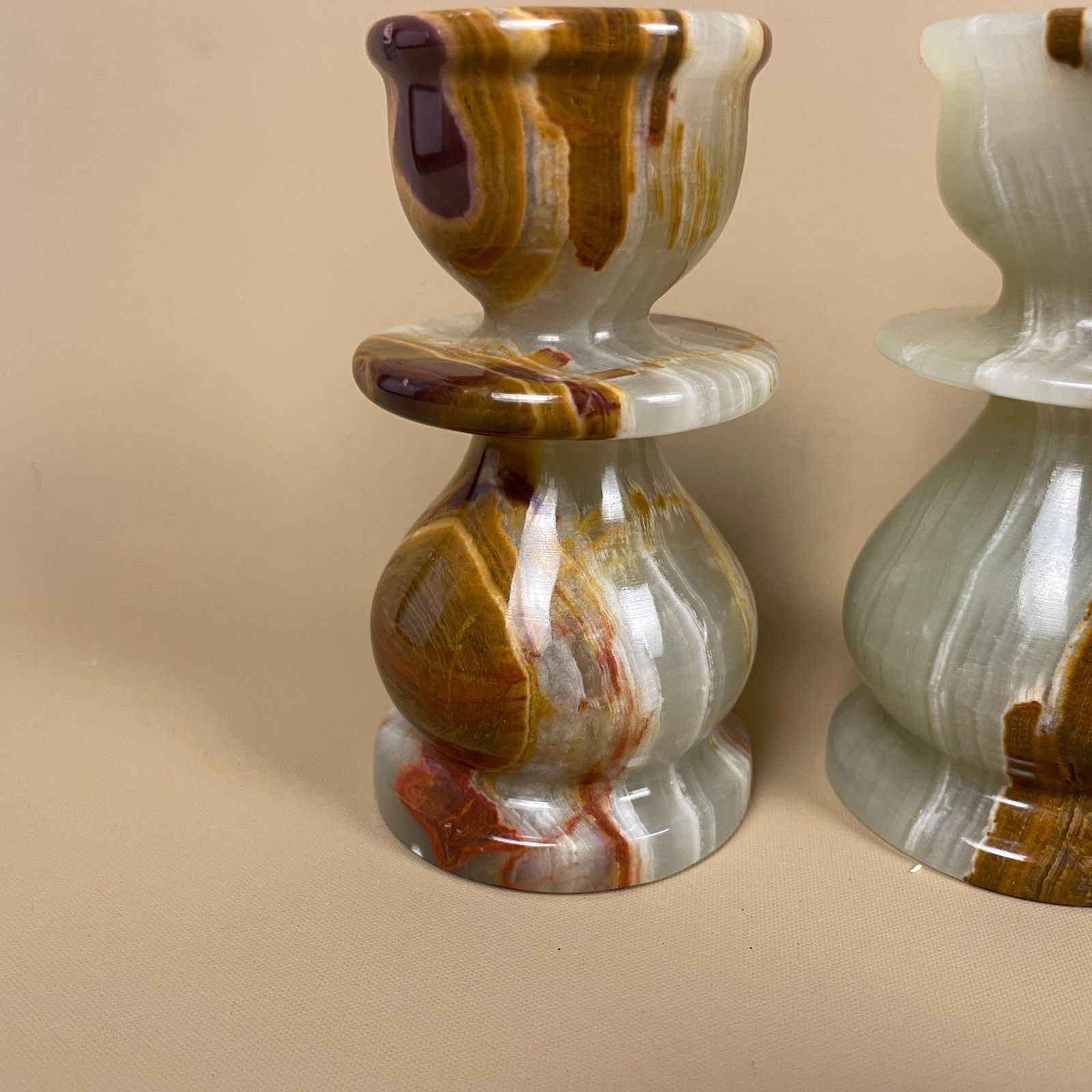 Pair Of Onyx Marble Stone Candlestick Candle Stick Vintage Column Taper Dinner Candlesticks Round Base Classic Pillar Green Brown Marbled photo buy